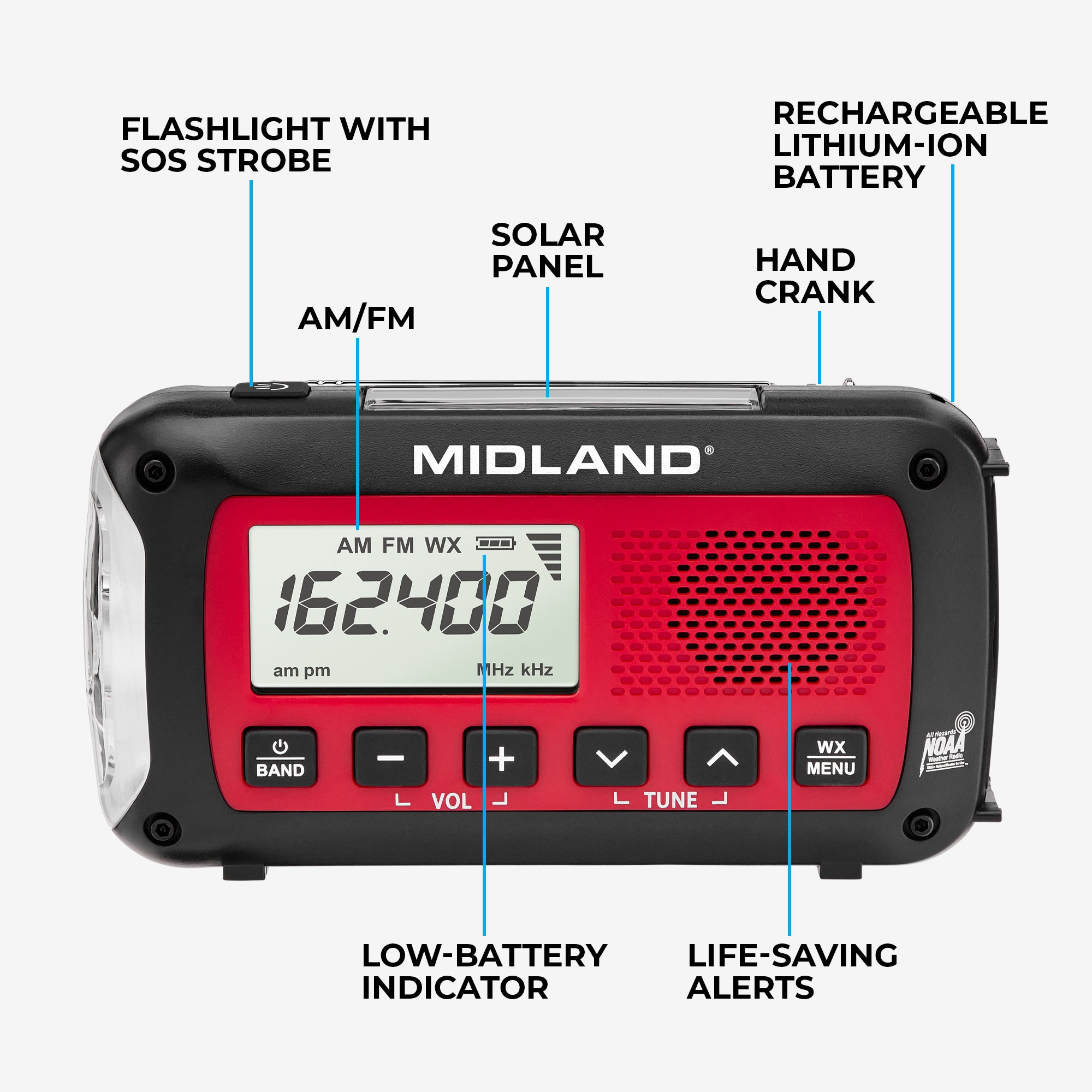 ER40 Portable Emergency Weather Alert Crank Radio - NOAA Weather Radio with AM/FM, Solar Power & USB Charger - Perfect for Camping, Hiking & Power Outages