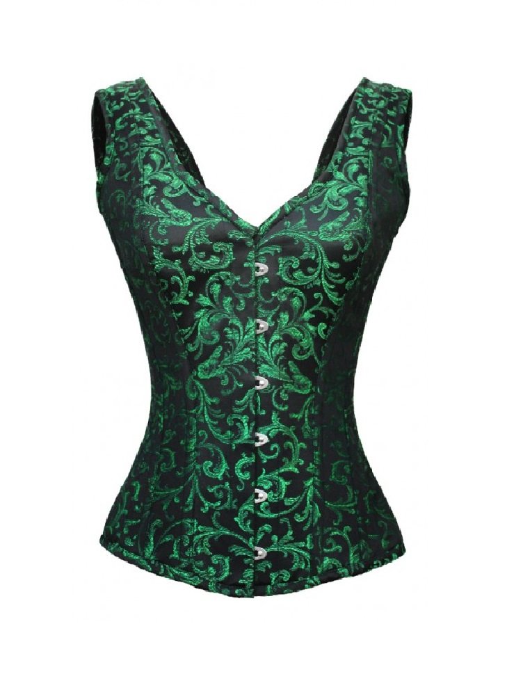 Gothic Black & Green Brocade Overbust Corset with Shoulder Straps - Waist Cincher for Burlesque, Steampunk & Victorian Fashion
