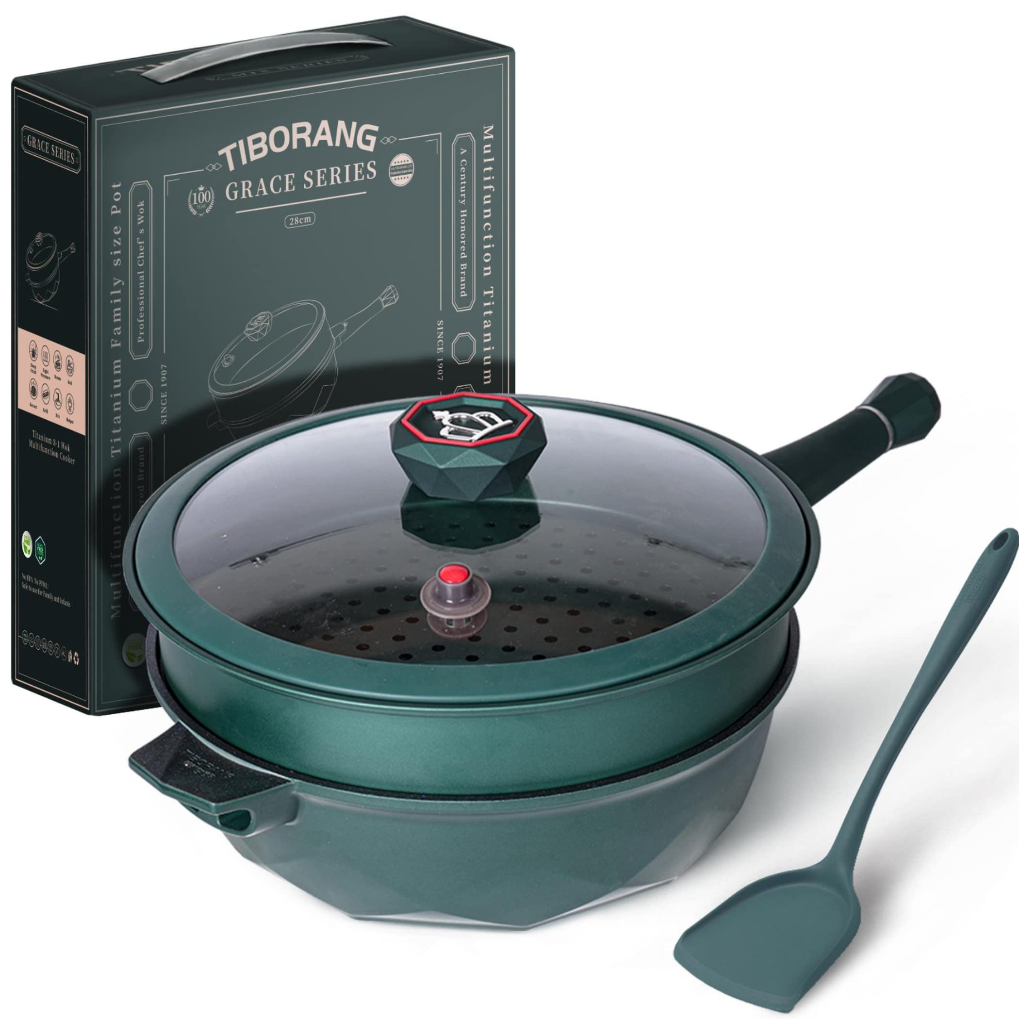 Tiborang 8-in-1 Nonstick Frying Pan Set with Lid - 11 Inch Skillet & 5 Qt Deep Wok Pan, Induction Compatible, Dishwasher & Oven Safe (Green) - Perfect for Stir-Frying, Steaming, and Everyday Cooking