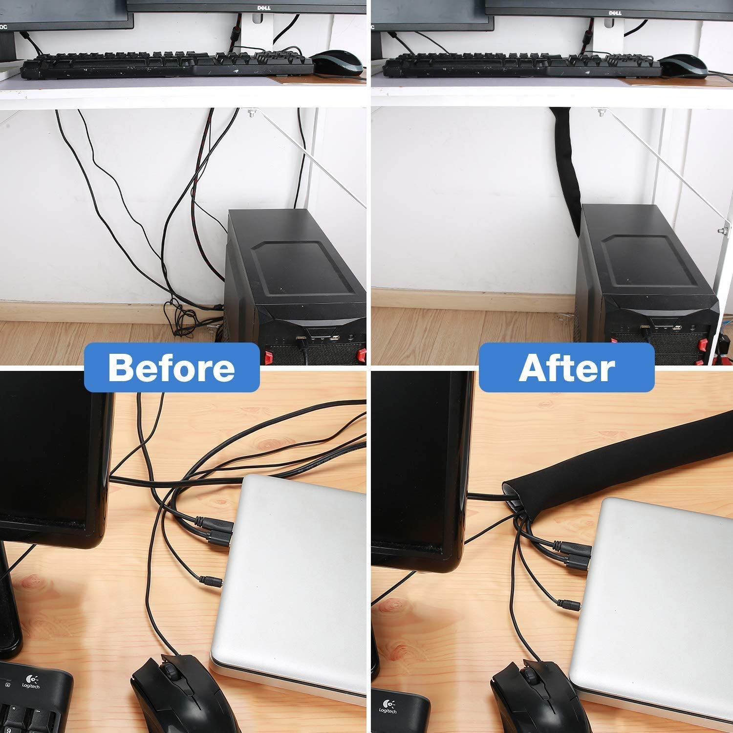 JOTO 4 Pack Cable Management Sleeve with 10.83ft Flexible Cord Organizer & Cable Ties - Wire Organizer for Home Office, Computer Desk, TV Entertainment Center, Gaming Setup