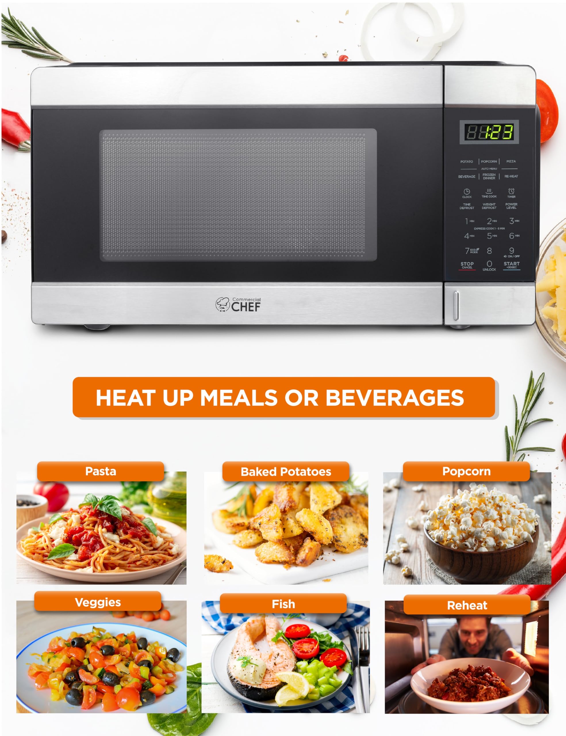 Commercial CHEF 1.1 Cu. Ft. Countertop Microwave Oven - Stainless Steel & Black - Perfect for Restaurants, Offices & Small Kitchens