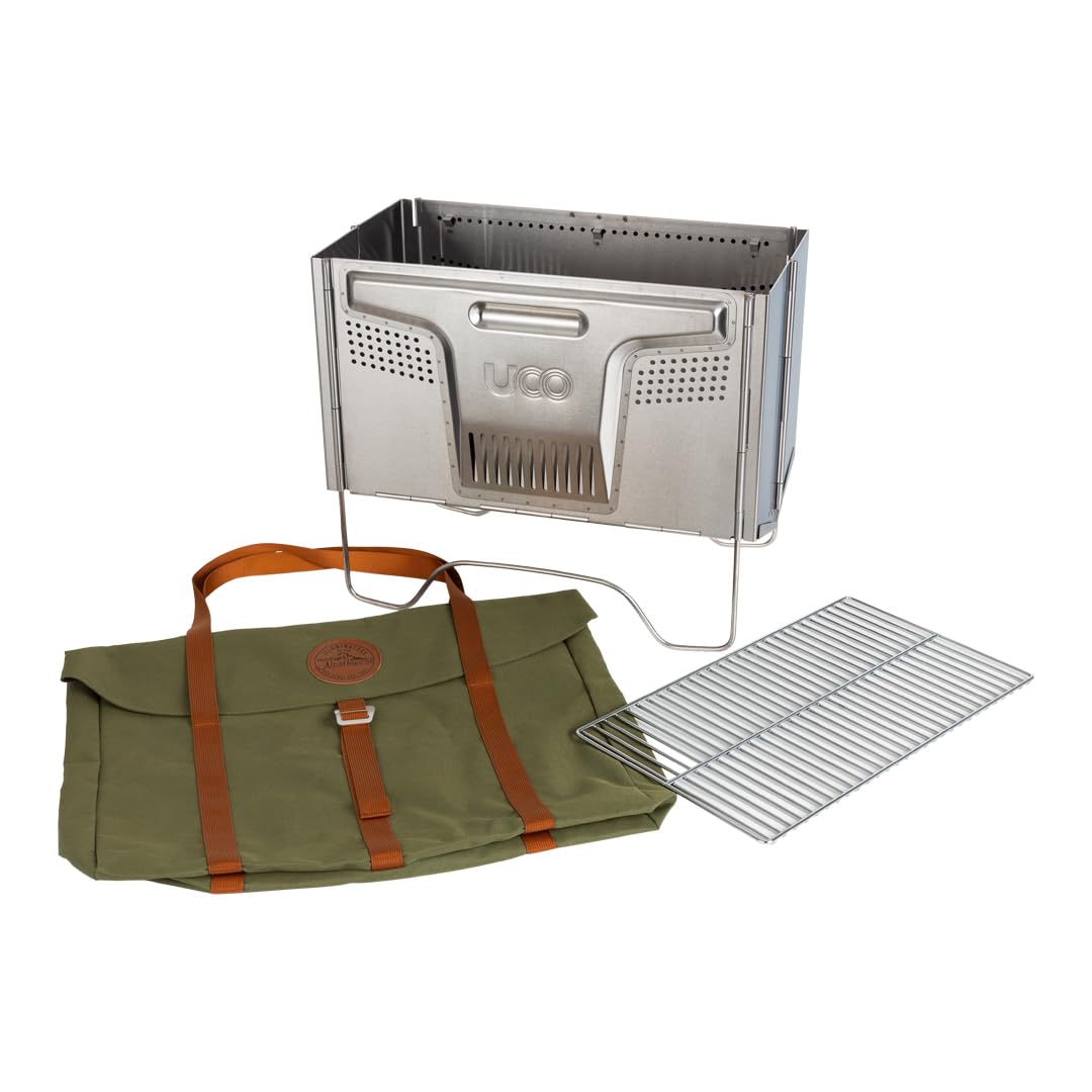UCO Flatpack Smokeless Fire Pit and Grill - Portable Stainless Steel Wood Burning Fire Pit for Camping, Backyard, Beach & Picnics - Includes Nylon Carry Bag - Perfect for Outdoor Cooking, S'mores & Bonfires