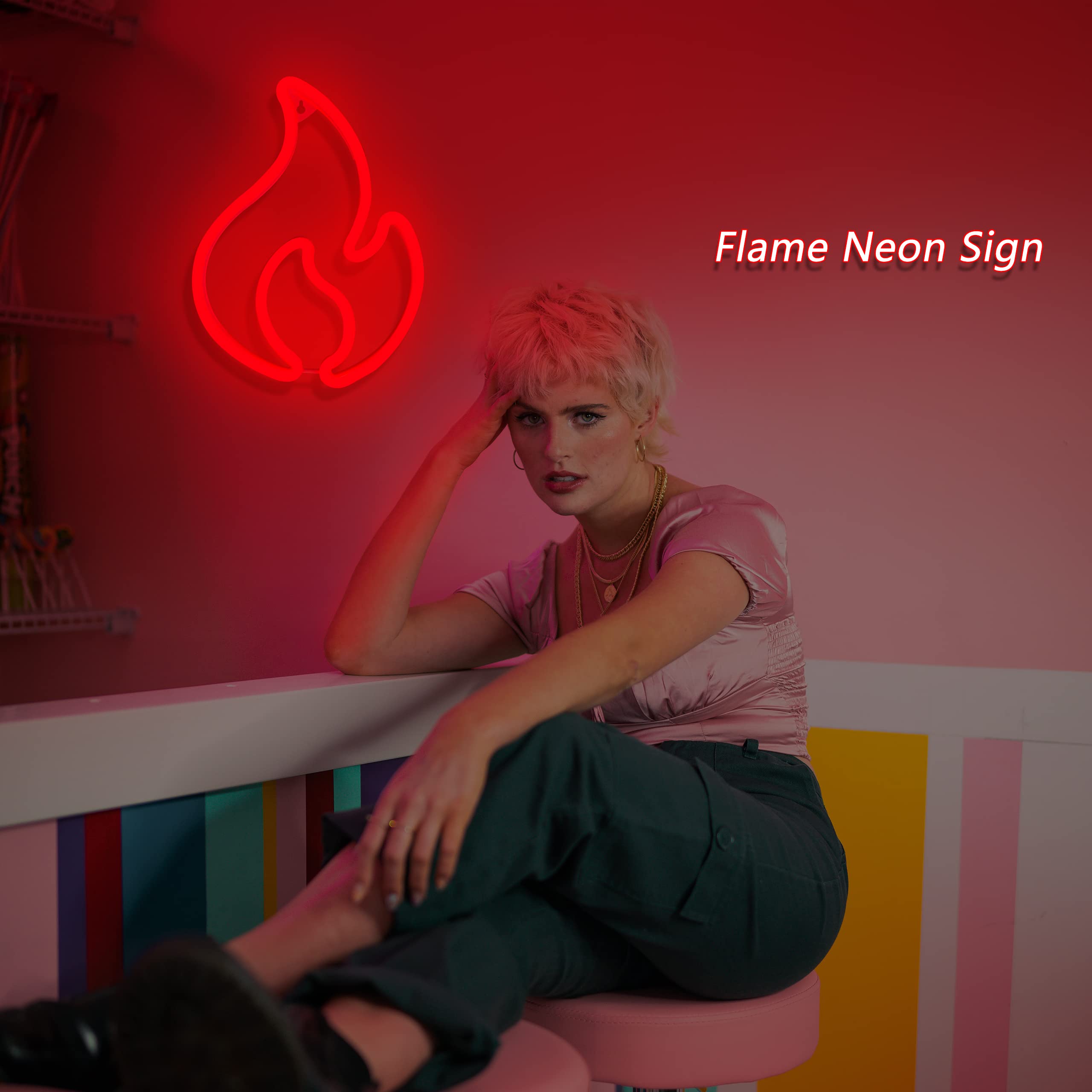 Flame Neon Sign - LED Wall Decor Light, Hanging Flame Shape, USB/Battery Powered Fire Neon Light for Kids Room, Boys Bedroom, Party, Bar & Birthday Decorations - Perfect for Themed Parties, Man Cave & Game Room Lighting