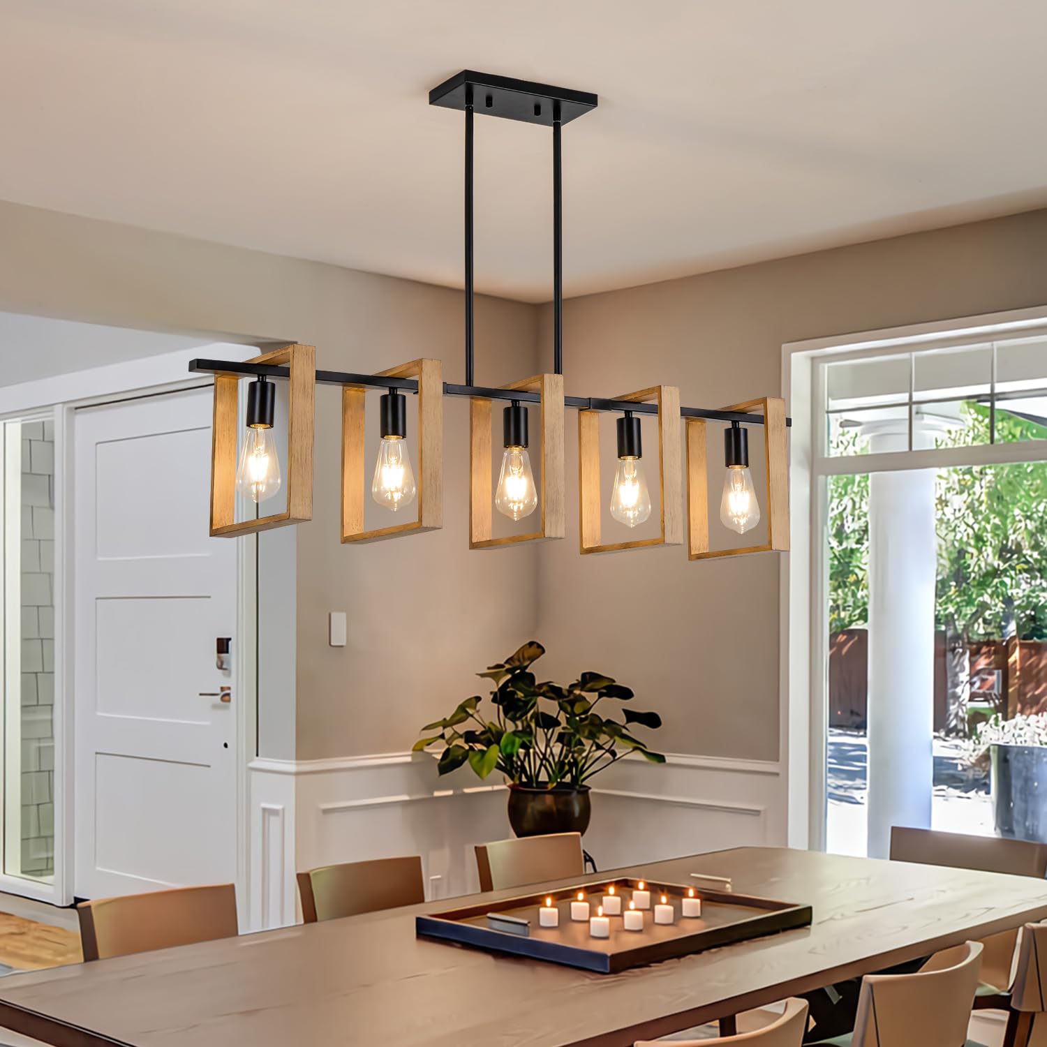 Farmhouse Chandelier - 5-Light Wood and Black Rustic Pendant Lighting for Dining Room & Kitchen Island (41.3