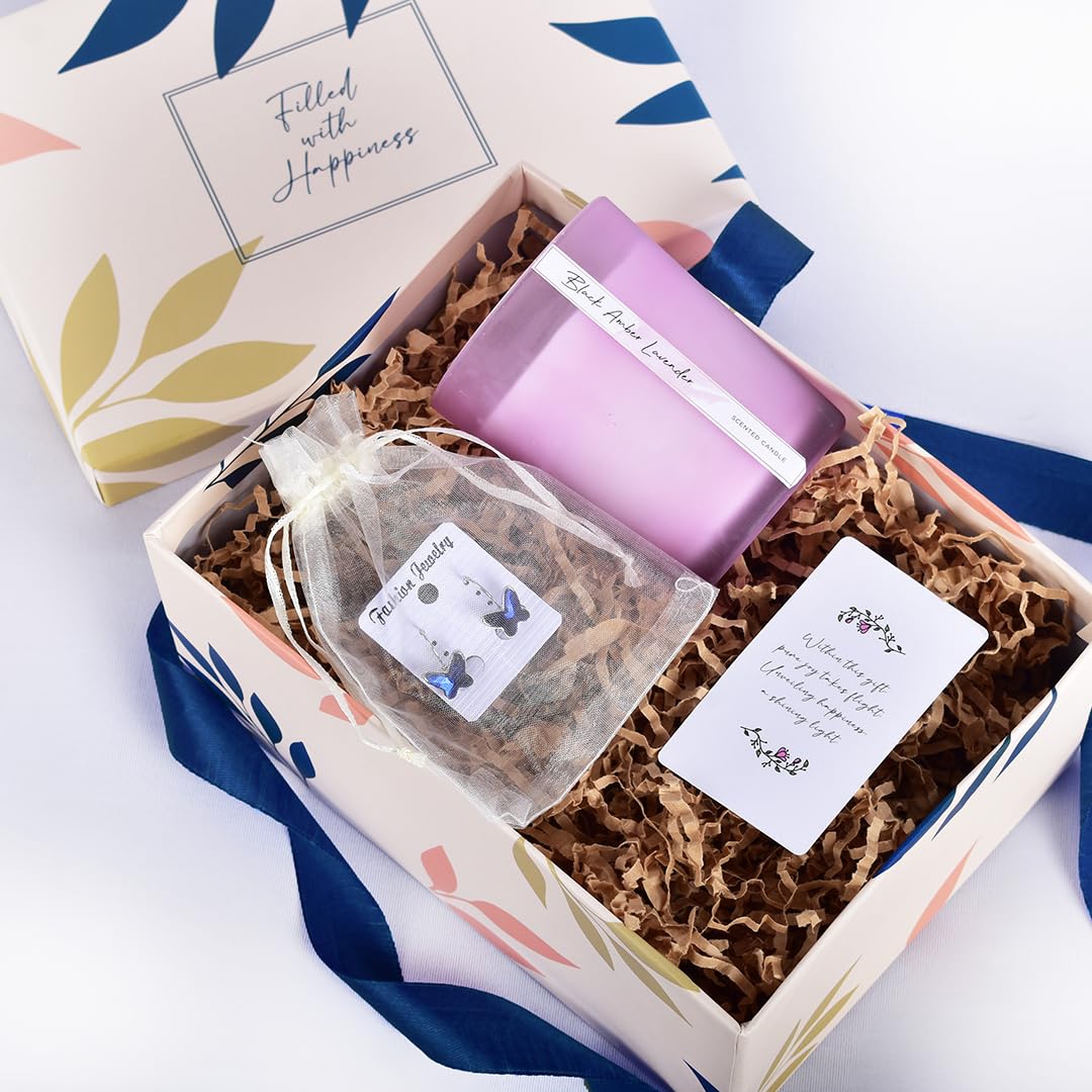 Gleevers Luxury Birthday Gift Set for Women - 2-Piece Box with Black Amber Lavender Scented Candle (250g) & Butterfly Earrings | Perfect Anniversary Gift for Wife, Mother's Day Present for Mom, Birthday Surprise for Mother | Romantic Occasions, Special Celebrations & Thoughtful Gestures