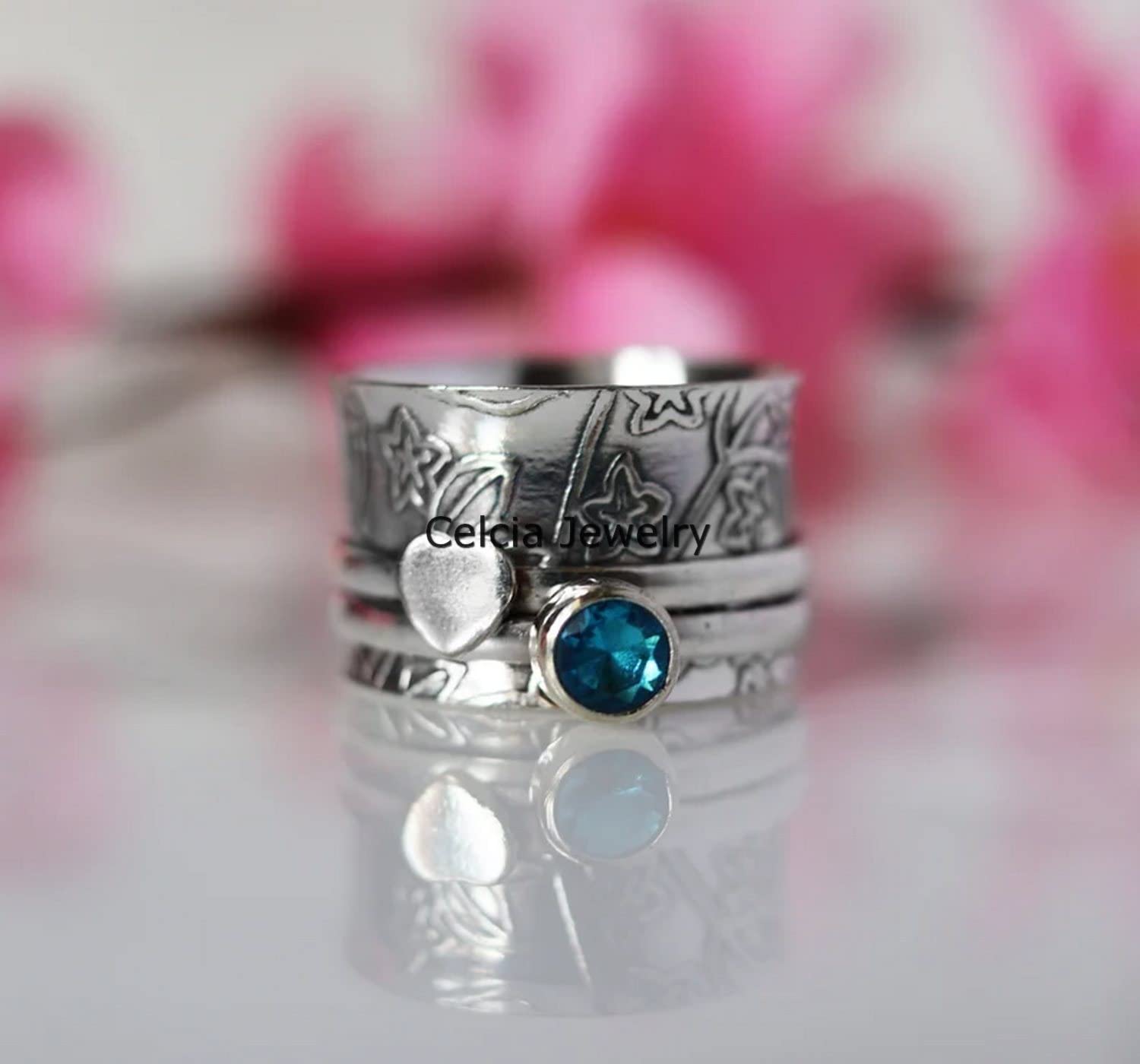 Natural Blue Topaz Heart Spinner Ring for Women & Men - November Birthstone Jewelry, Love & Meditation Spinning Fidget Ring - Size 7 - Perfect for Stress Relief, Birthday Gifts & Everyday Wear