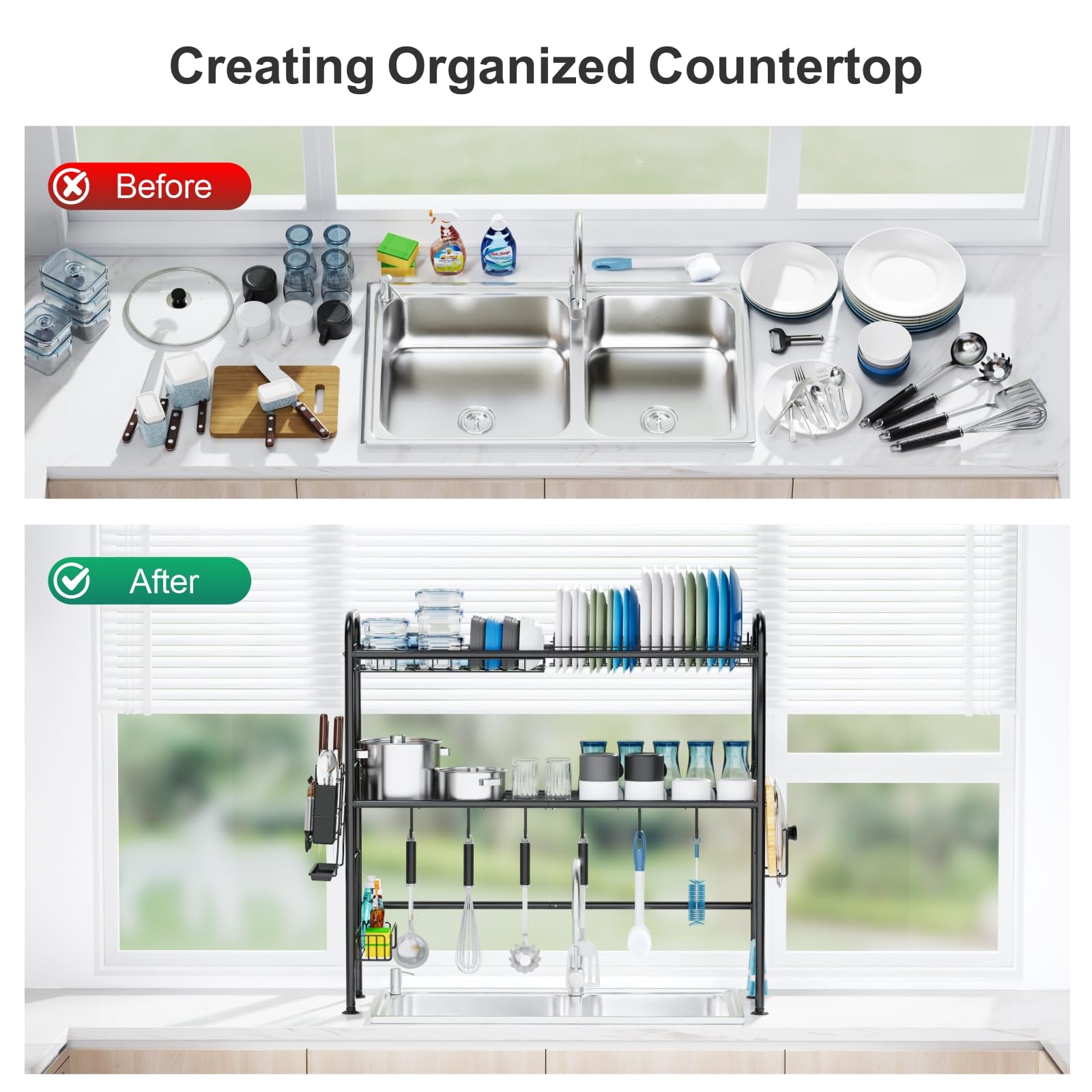 GSlife 2 Tier Over Sink Dish Rack with Utensil Holder - Rustproof Drying Rack for Kitchen Organization - Fits 31.5