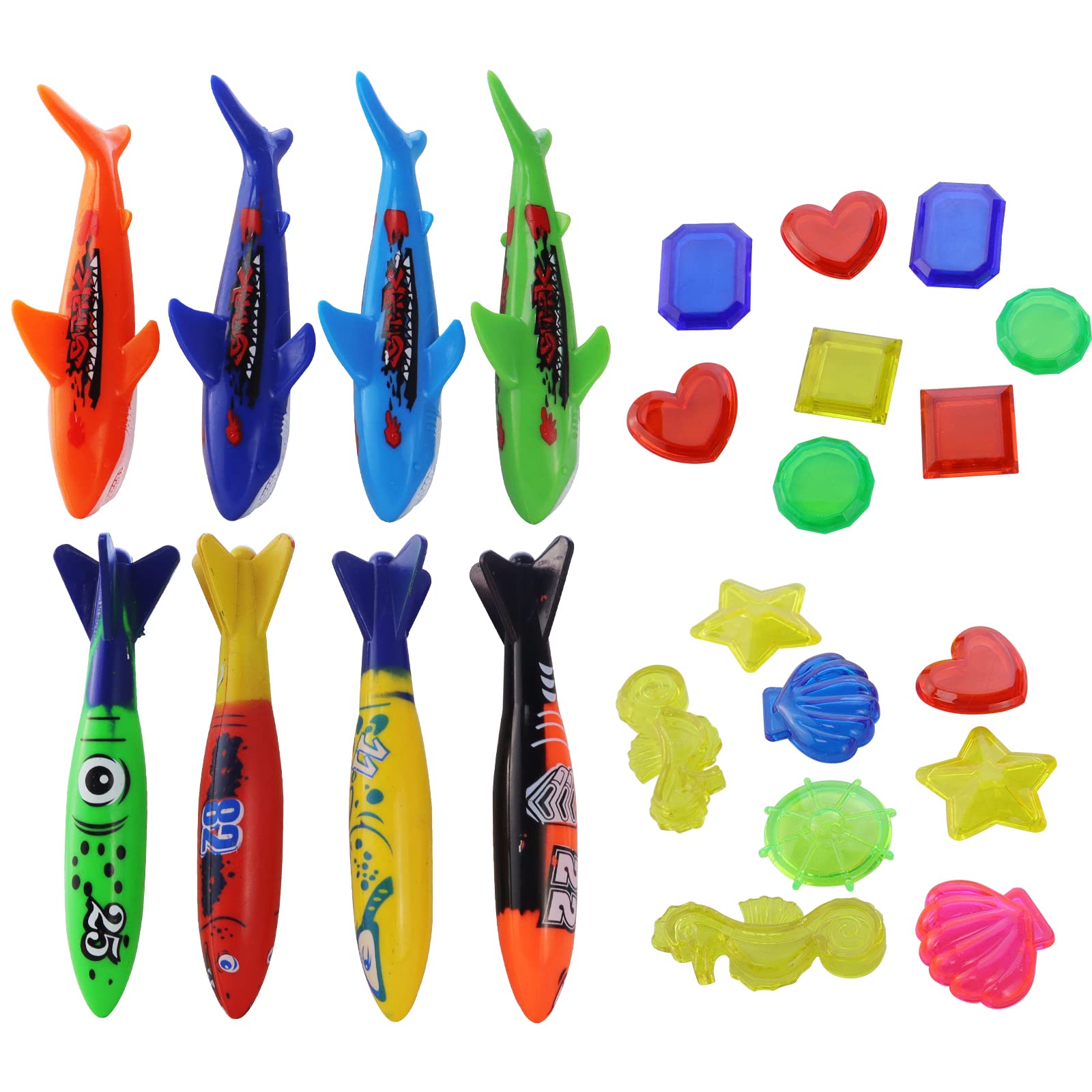 24 Pcs Pool Toys Set - Diving Toys, Torpedo Bandits, Blaster Shark, Pirate Treasure Gems, Seahorse & Treasure Chest - Underwater Sinking Swimming Pool Games for Kids & Adults - Perfect for Summer Fun, Pool Parties & Family Gatherings