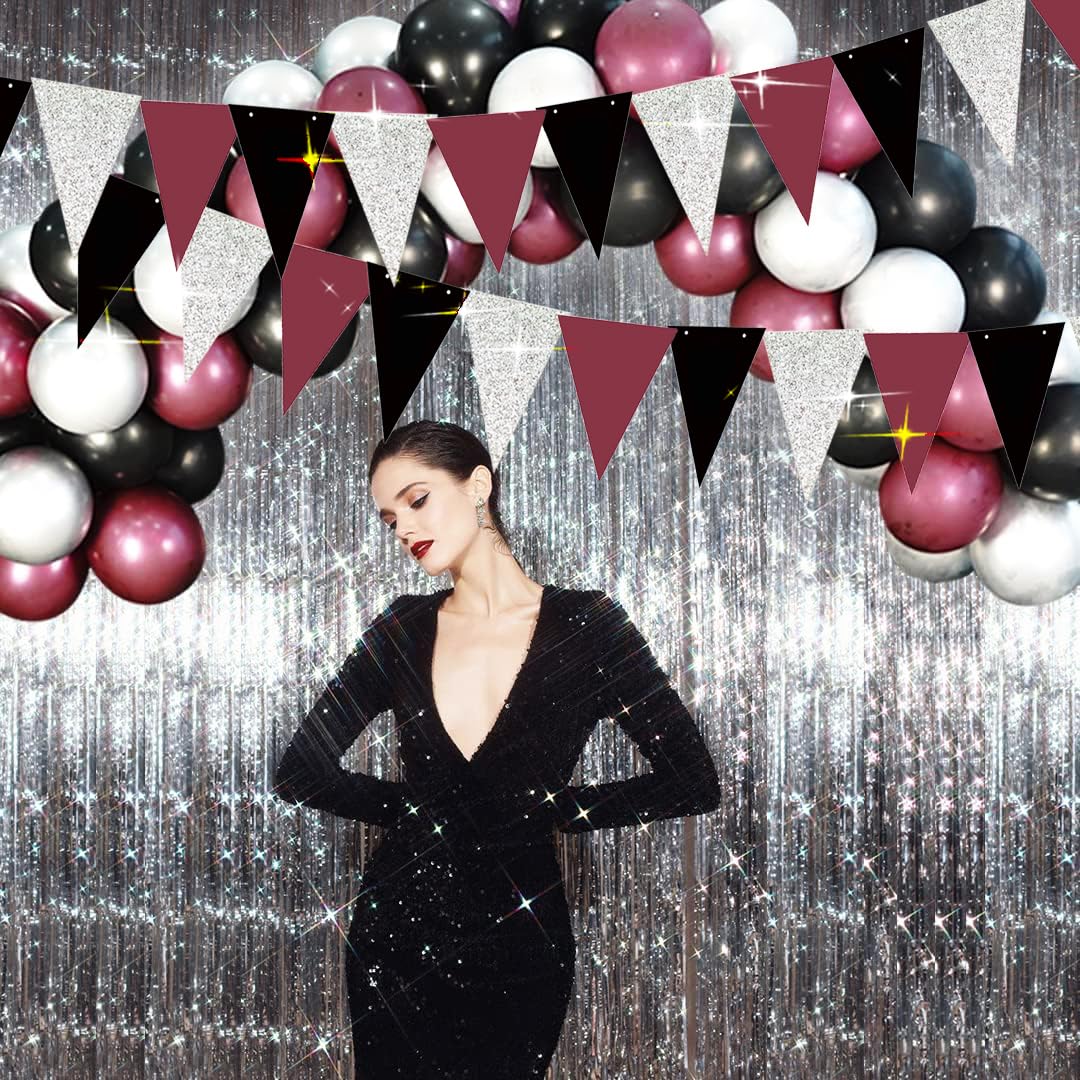 2025 Maroon & Black Graduation Party Decorations Set - Burgundy Silver Triangle Banners (2pcs) for Graduation, Birthday, Bridal Shower & Wedding Celebrations - Perfect for School Events, Home Parties & Special Occasions