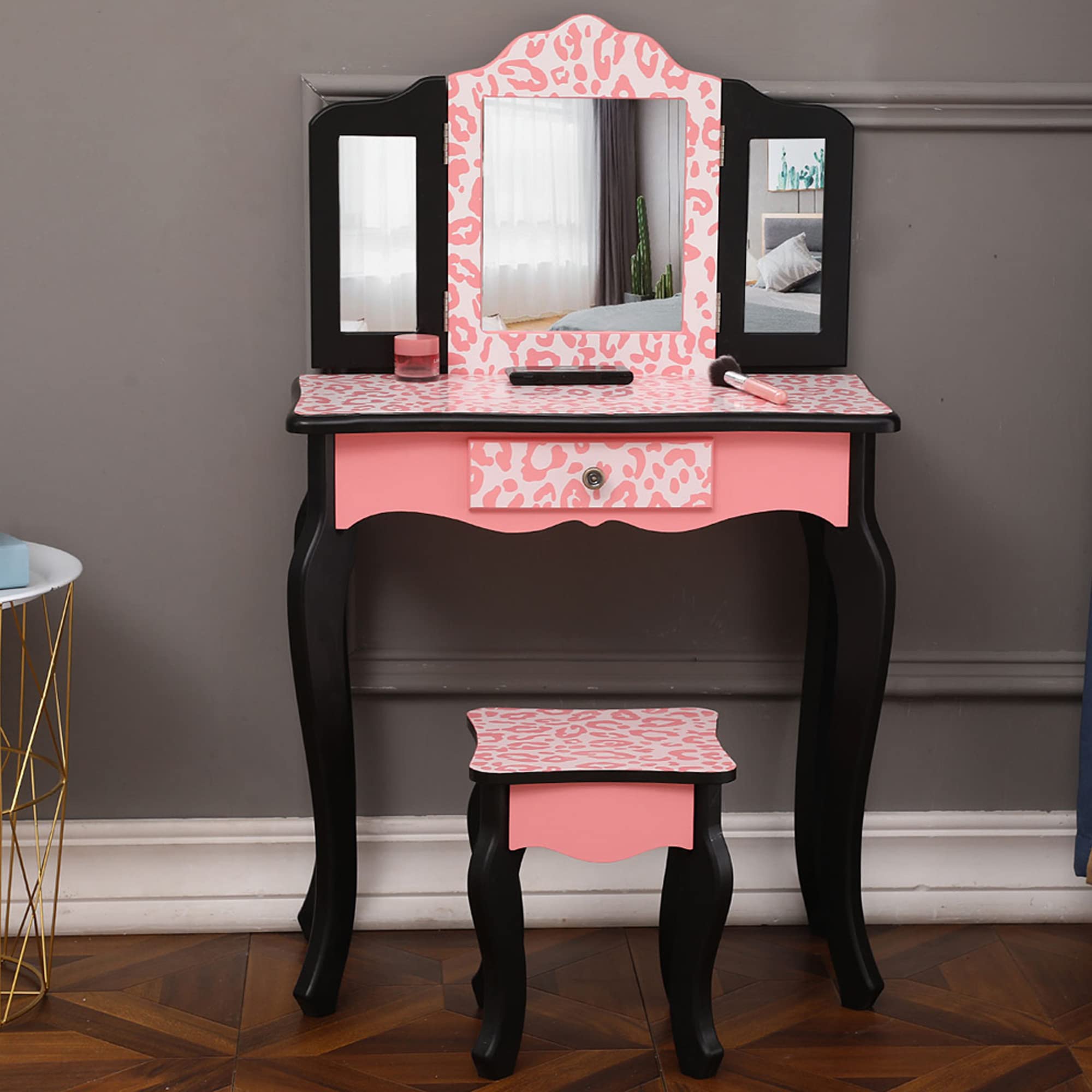 3-Fold Mirror Vanity Makeup Table with Arc Feet & Single Drawer - Leopard Print Wooden Dressing Desk for Bedroom, Girls Room | Perfect for Makeup Organization, Jewelry Storage & Home Decor