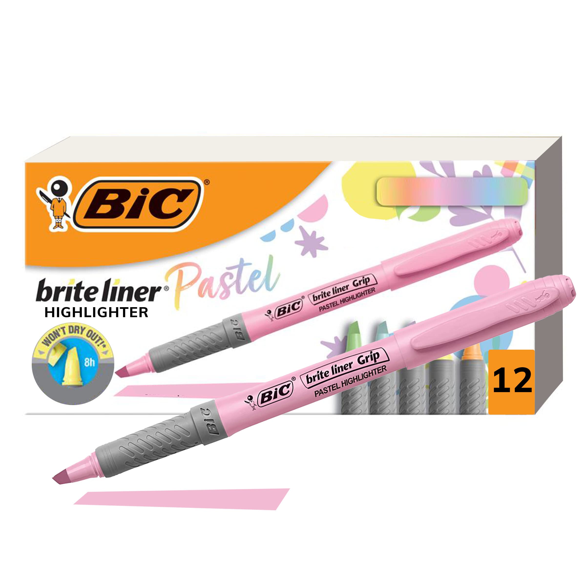 BIC Brite Liner Grip Pastel Highlighter Set - 18 Pack Assorted Colors Chisel Tip Markers for Bullet Journaling, Note Taking, Study & Office Use - Vibrant Pastel Highlighters Perfect for School, Work & Creative Projects