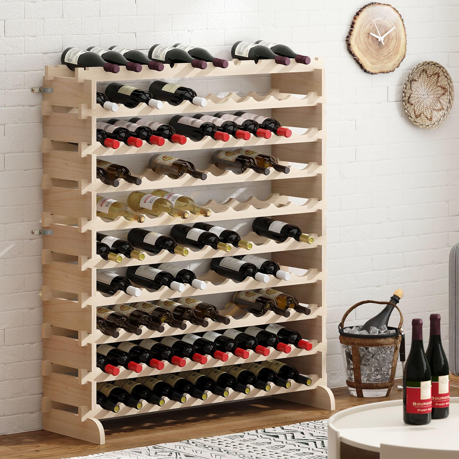 DlandHome 10-Tier Stackable Wine Rack - 100 Bottle Capacity Freestanding Modular Wine Storage Shelf - Natural Wood Wine Bottle Organizer for Kitchen, Bar, Dining Room & Wine Cellar - Perfect for Home Entertaining & Wine Collection Display