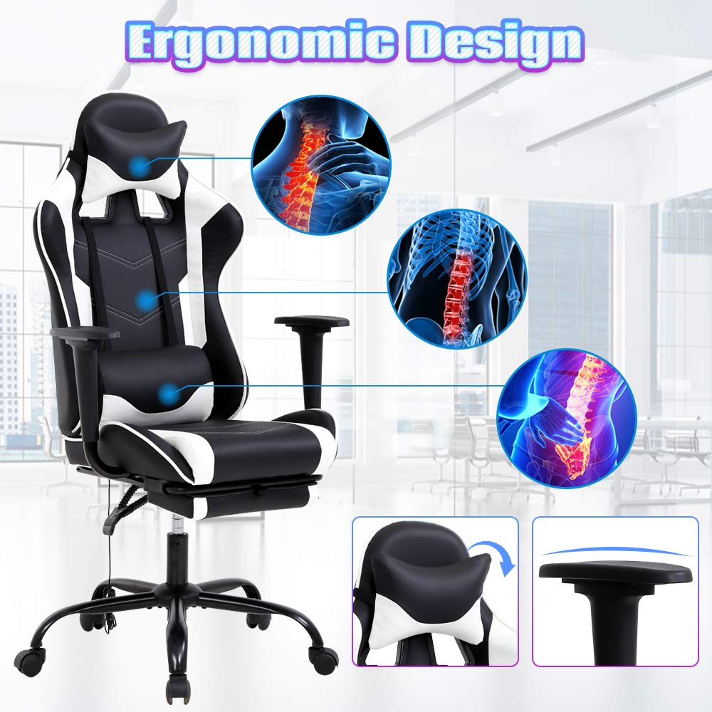 Premium Ergonomic PC Gaming Chair with Lumbar Support & Massage Function - Adjustable Racing Office Chair with Headrest & Footrest for Home & Work - White - Perfect for Long Gaming Sessions & Office Work