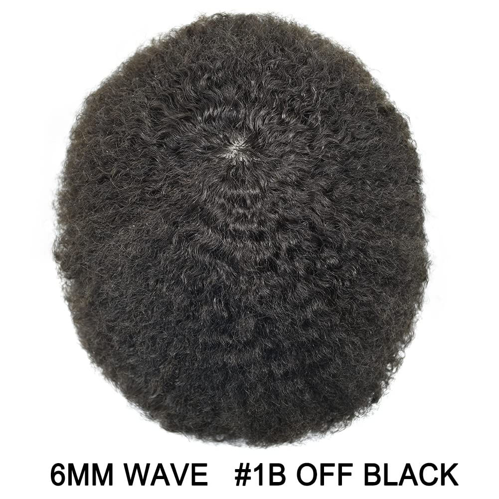 Premium Afro Toupee for Black Men - 100% Human Hair Replacement System with 6 Weave & PU Base - Curly Afro Wig (8x10, Off Black 1B#-6mm Afro Wave) - Perfect for Daily Wear, Special Occasions & Hair Loss Solutions