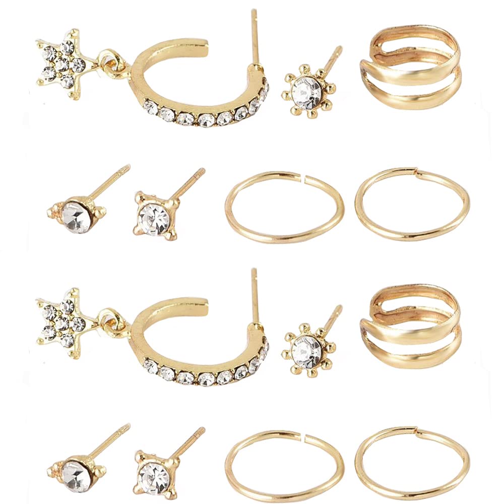 Missgrace 7-Piece Vintage Rhinestone Hoop Earrings Set - Gold Bohemian Star Stud Earrings for Women, Perfect for Parties, Date Nights & Boho Fashion Outfits