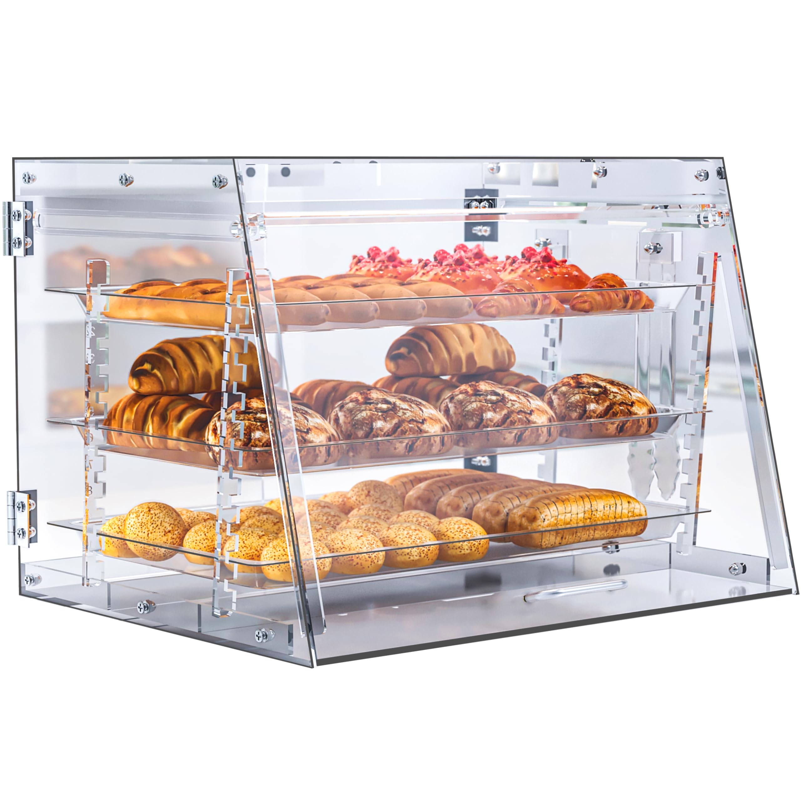 Commercial Countertop Bakery Display Case - 3-Tier Adjustable Pastry Case with Bread Tongs - Clear Acrylic Showcase for Cakes, Cookies & Baked Goods (21