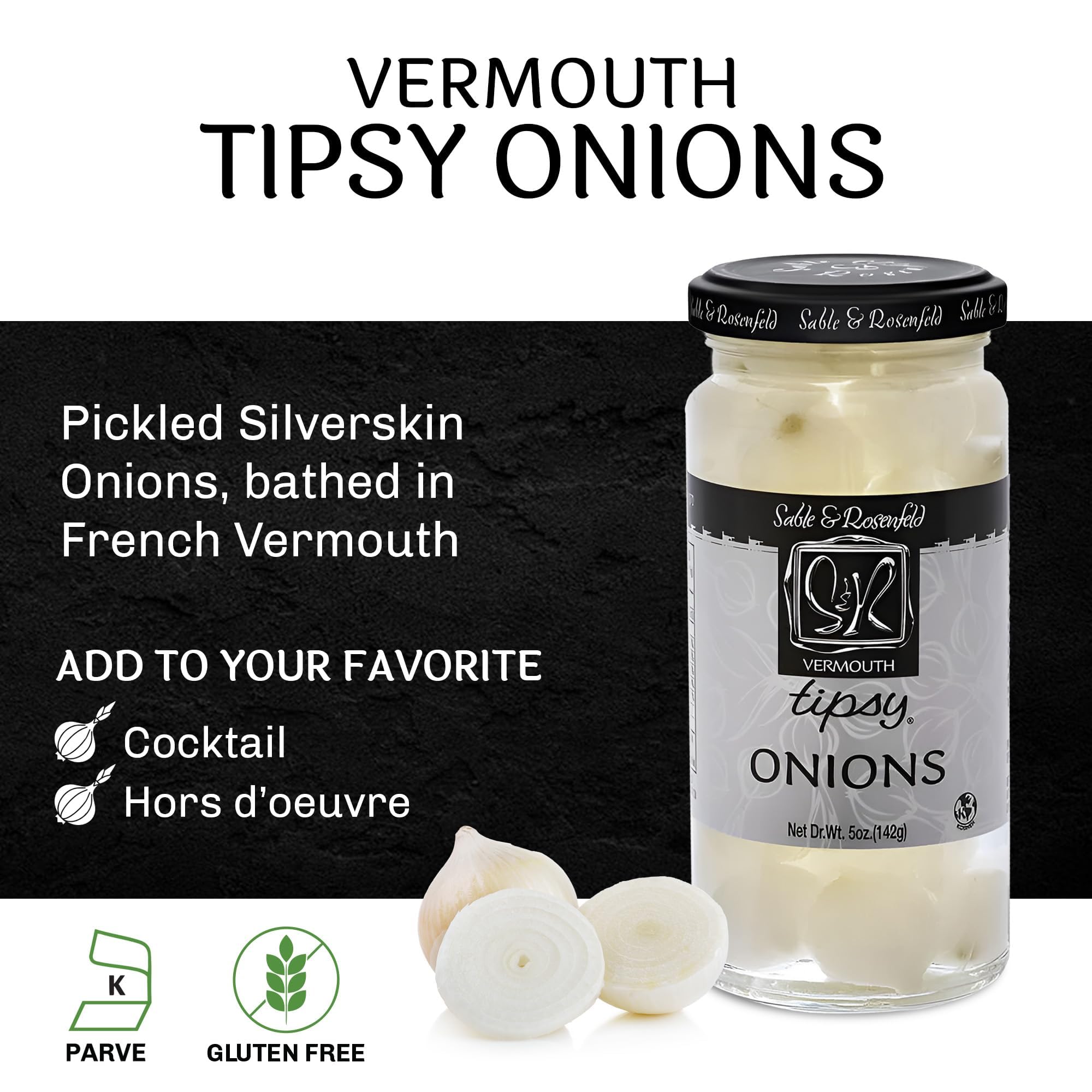 Premium Cocktail Onions in Jar with French Vermouth - Pickled Silverskin & Pearl Onions for Martinis, Gibsons & Cocktails - Kosher Parve Gourmet Appetizer - Perfect for Home Bars, Parties & Charcuterie Boards - Sable & Rosenfeld - 5 Oz (Pack of 6)