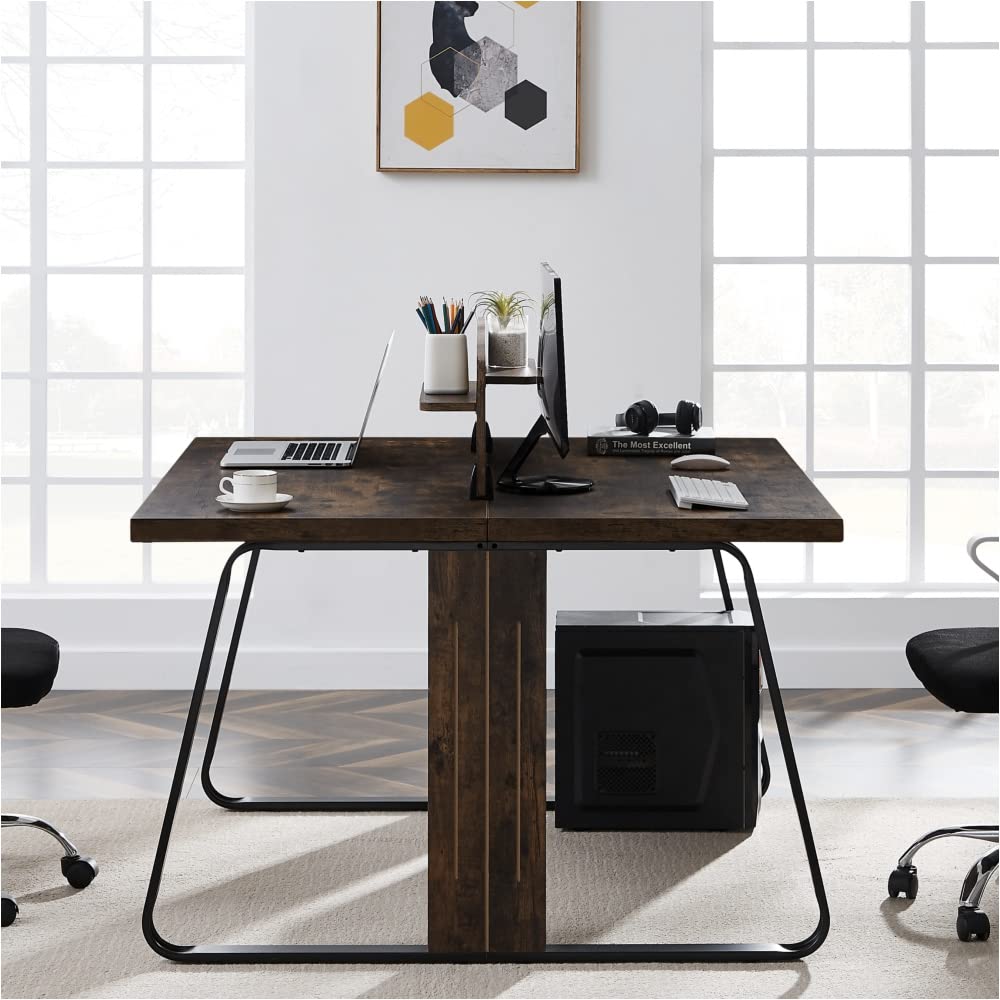 Industrial Double Office Desk with Storage - Sturdy Wooden Computer & Laptop Study Table for Home & Workspace - Perfect for Remote Work, Gaming & Study Sessions (Tiger Wood Finish)