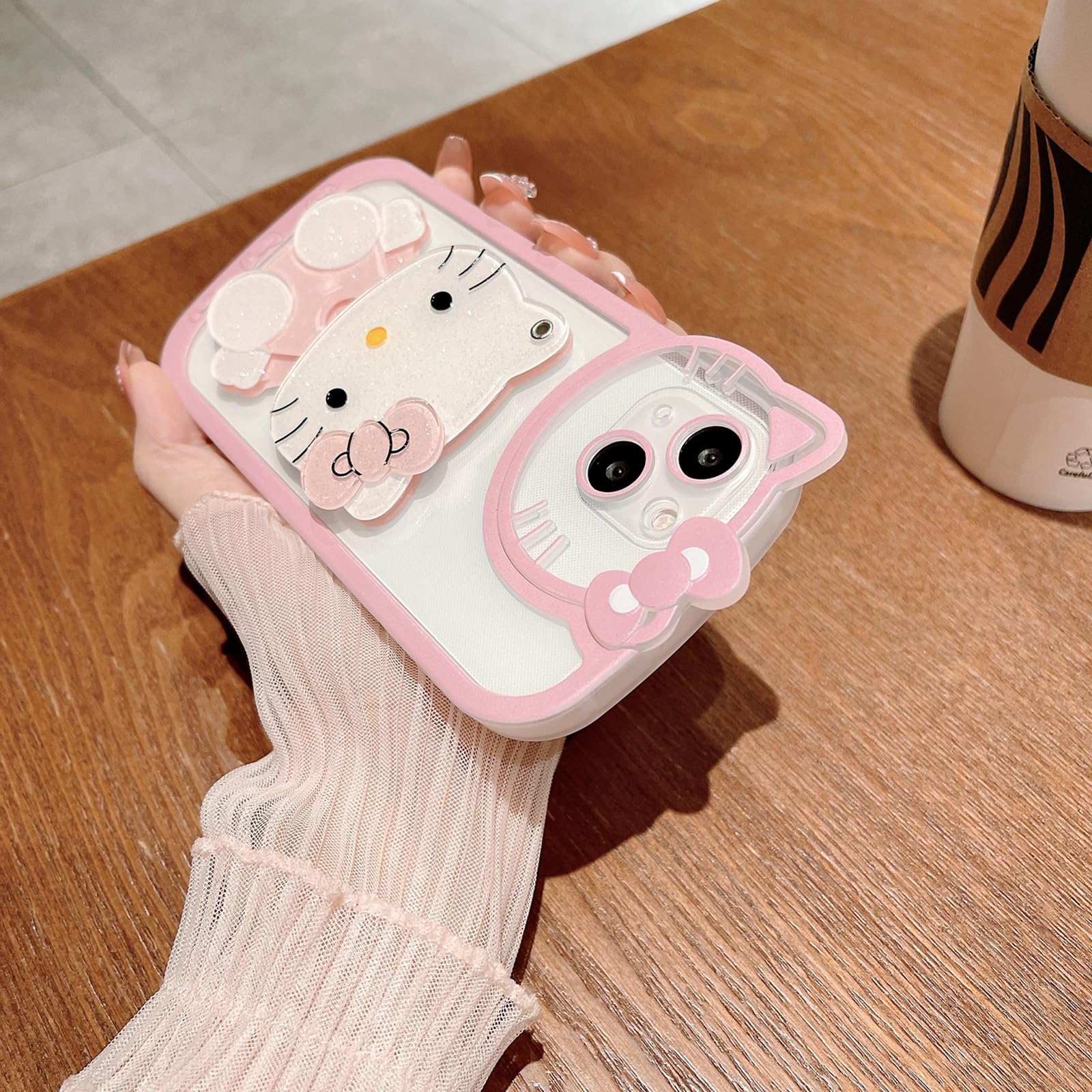 Cute Pink Kawaii Cartoon Phone Case for iPhone 7/8/SE with Mirror - Stylish Makeup Mirror Protective Cover for Girls - Perfect for School, Work & Everyday Use