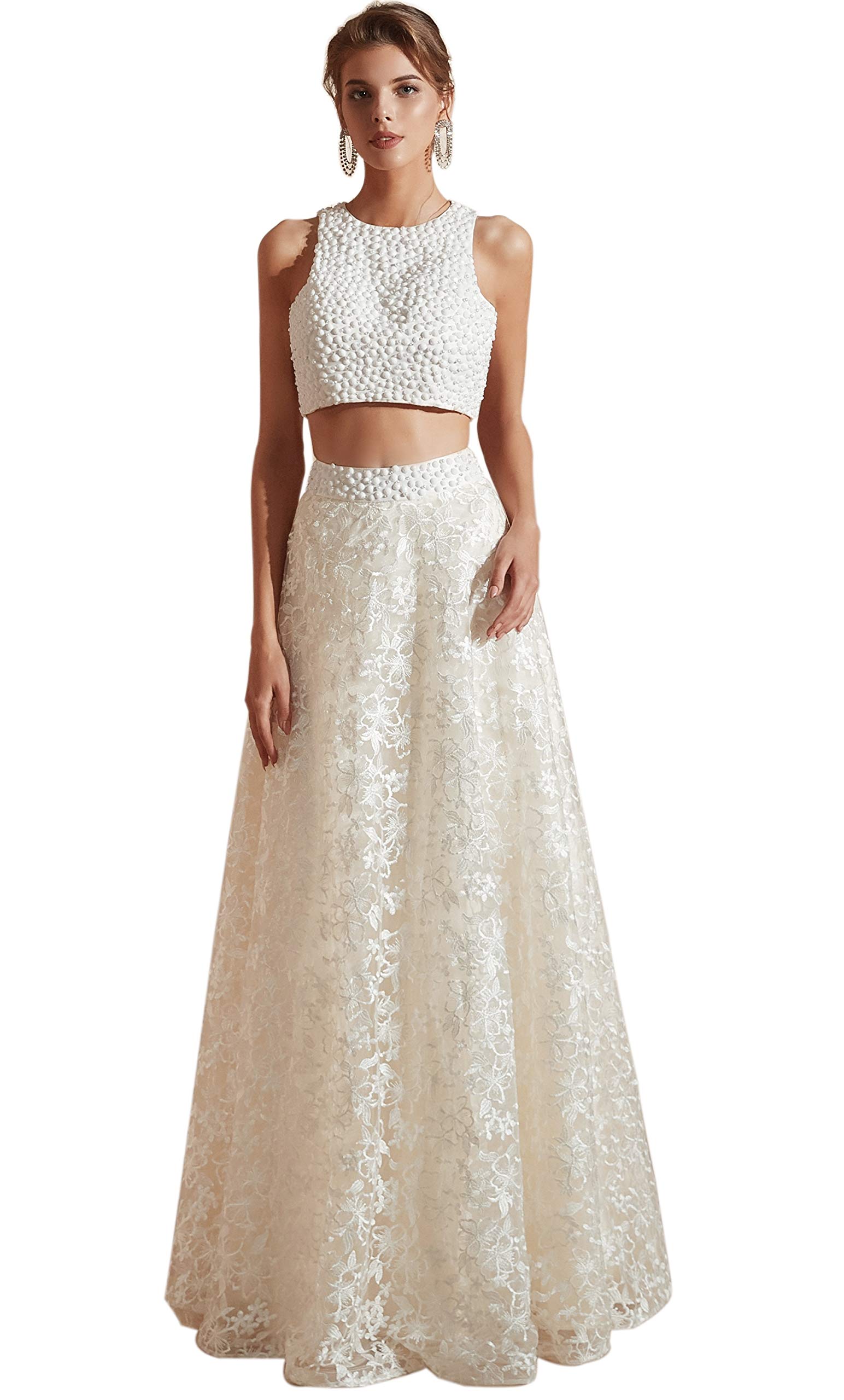 Elegant Women's Two Piece Beaded Prom Dress with Long Lace Applique & Pearls - Perfect for Bridesmaids, Evening Gala, and Formal Occasions