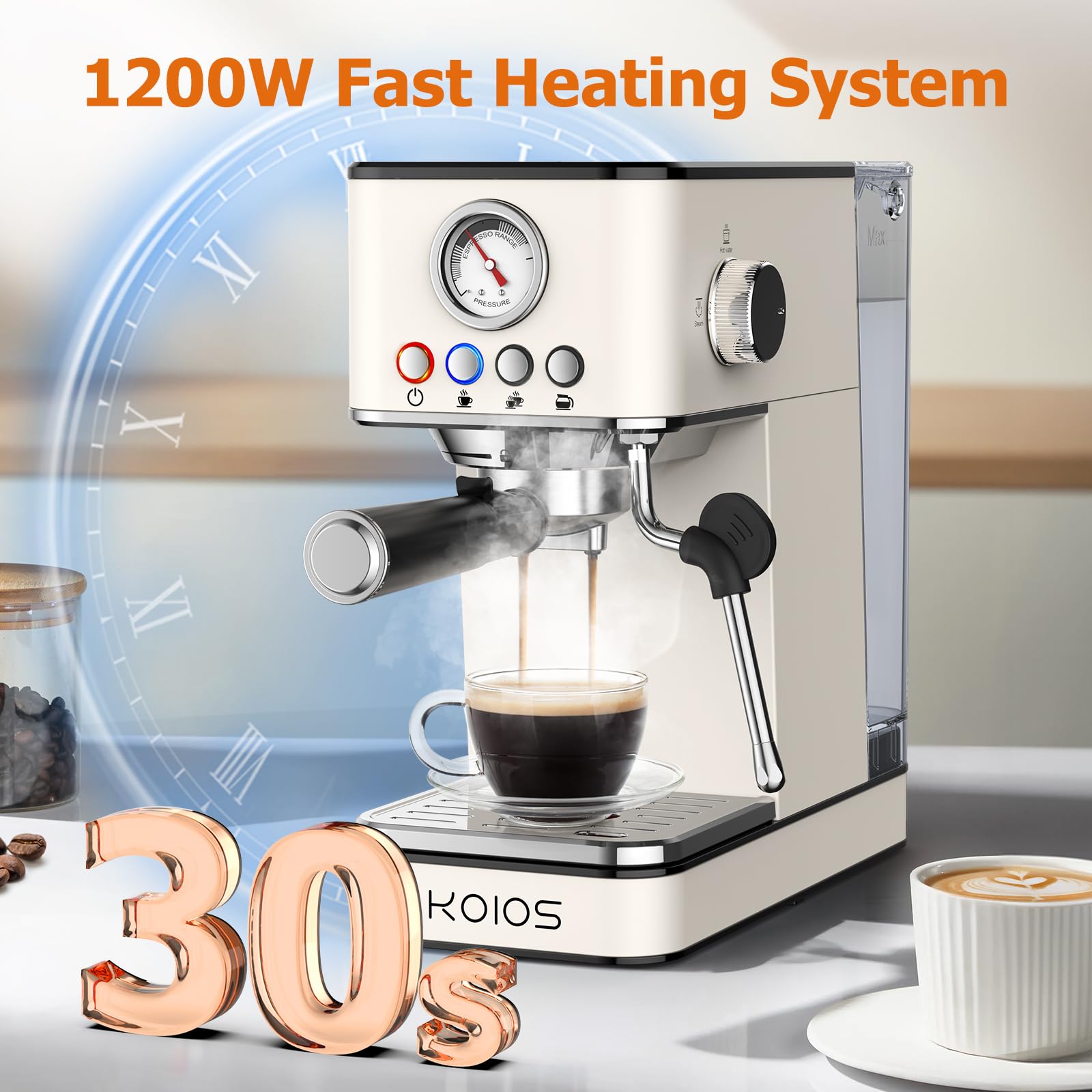 KOIOS 20 Bar Espresso Machine with Milk Frother - Stainless Steel Home Coffee Maker for Cappuccino & Latte - 58oz Removable Water Tank - Perfect for Kitchen, Office & Gifts (White)
