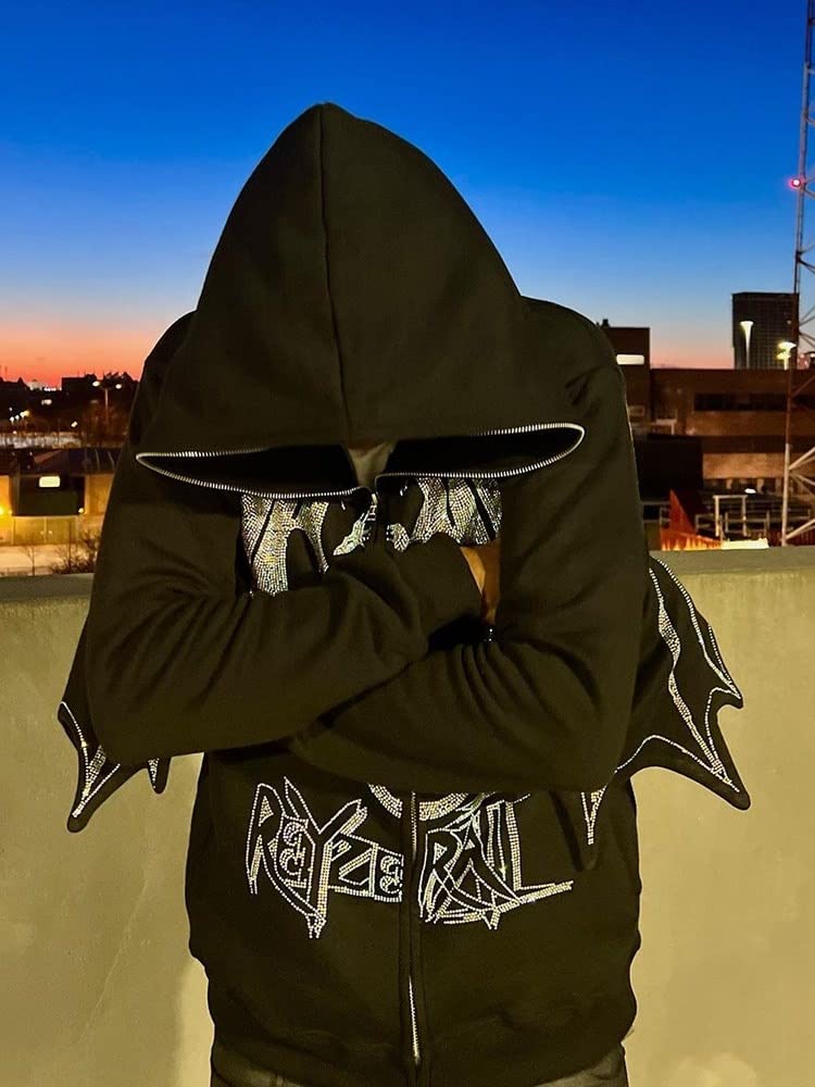 Y2K Men's Fashion Streetwear Zip-Up Hoodie with Fire Dragon Rhinestone Design - Unisex Sports Jacket for Casual Wear & Street Style