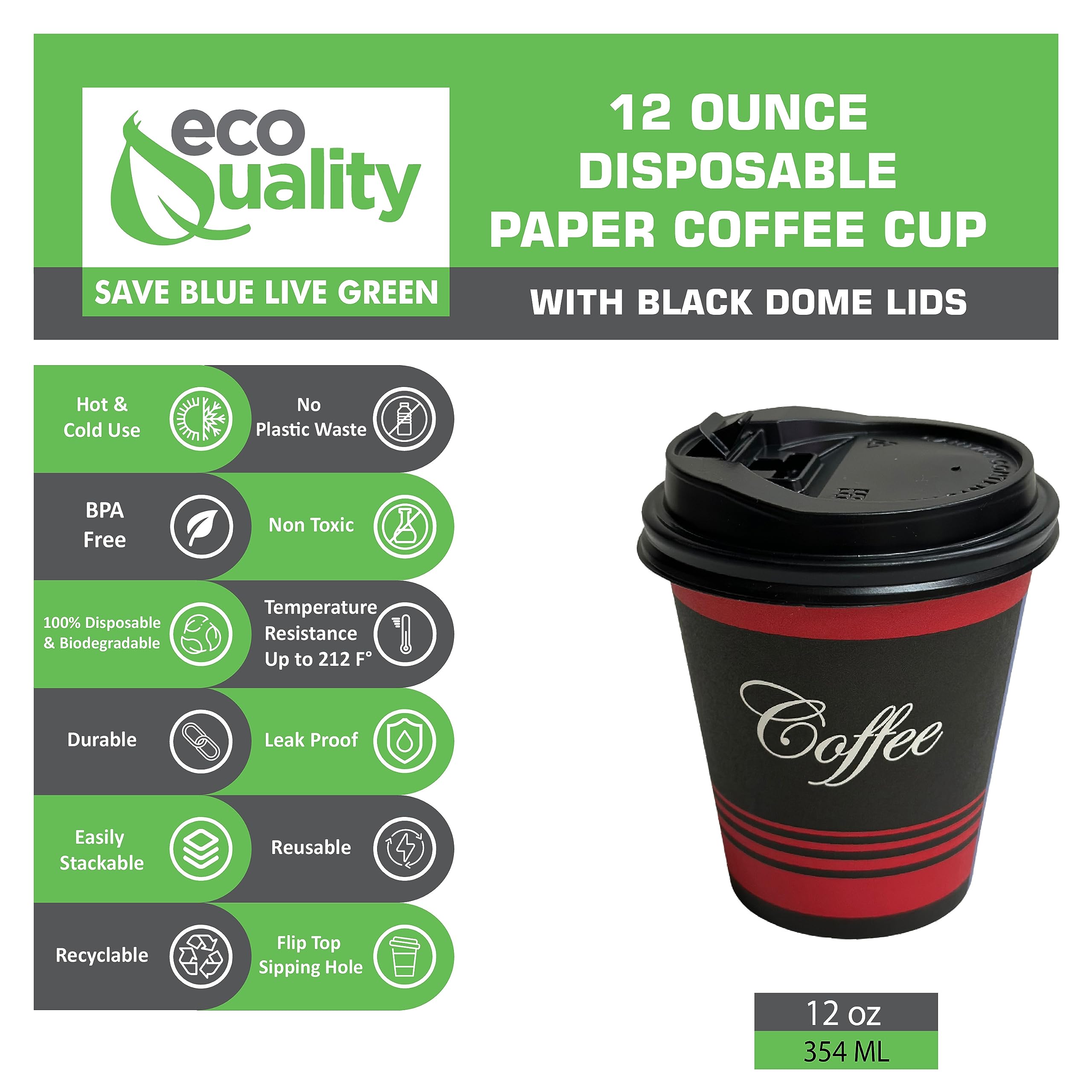 EcoQuality 12 oz Disposable Paper Coffee Cups with Black Dome Lids - 500 Count, Restaurant Grade Hot & Cold Drink Cups for Tea, Soda, Coffee Shops, Cafes, Concession Stands - Perfect for Takeout, Office Break Rooms, and Catering Events