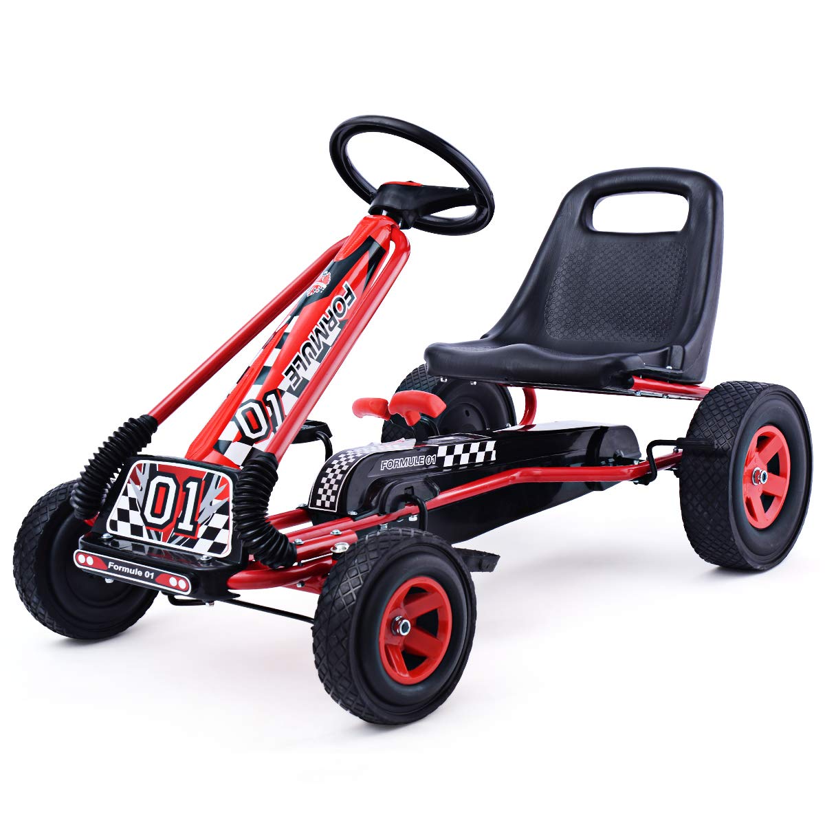 **Costzon 4-Wheel Off-Road Pedal Go Kart for Kids – Adjustable Seat, Steering Wheel, Dual Safety Brakes & EVA Rubber Tires – Outdoor Ride-On Toy for Boys & Girls (Red) – Perfect for Backyard Racing, Playground Fun & Outdoor Adventures**