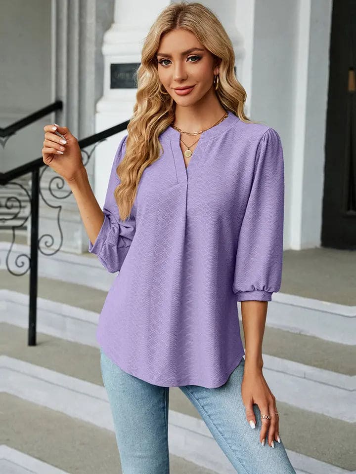 Notched Neck Three Quarter Sleeve Blouse for Women | Elegant Office & Casual Wear | Perfect for Work, Date Night & Special Occasions