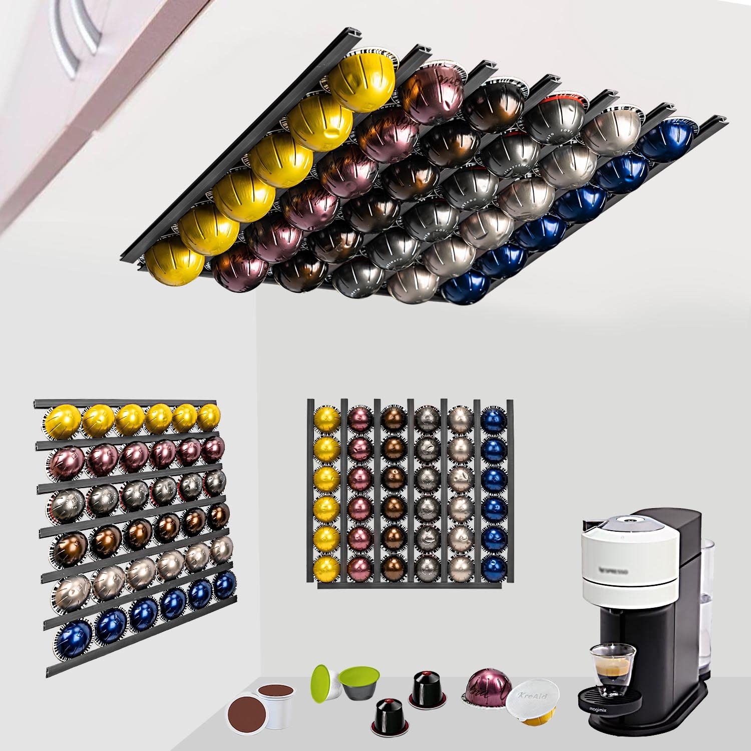 10Pcs PVC Wall Mount Coffee Pods Holder - Adjustable Nespresso Capsule Organizer Strips for Coffee Bar Accessories (Black) | Perfect for Kitchen Countertop & Office Coffee Station Organization