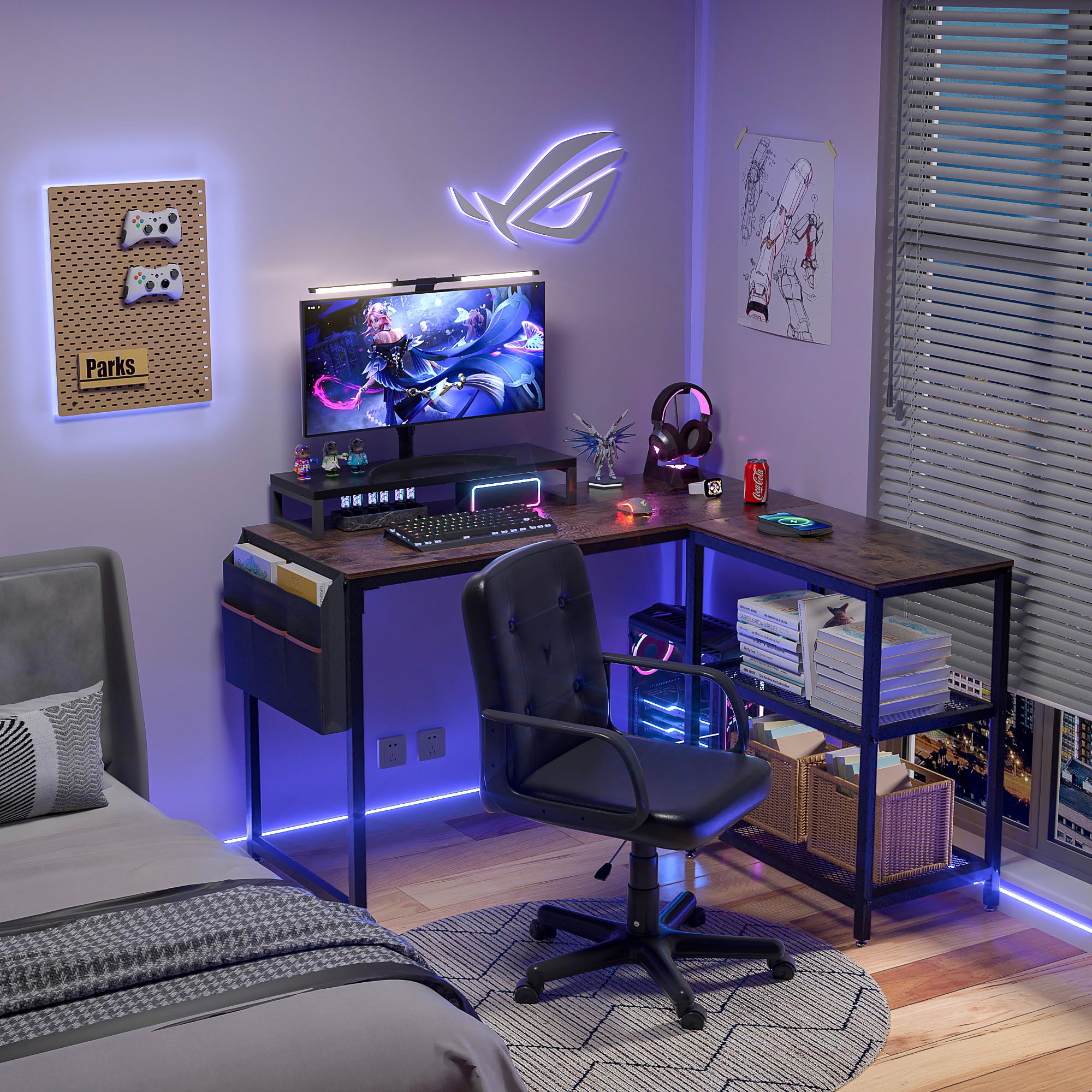 VECELO 49 Inch L-Shaped Computer Desk for Gaming, Study & Home Office - Ergonomic Writing Workstation with Storage Shelves & Bag - Perfect for Small Spaces & Multi-Monitor Setups