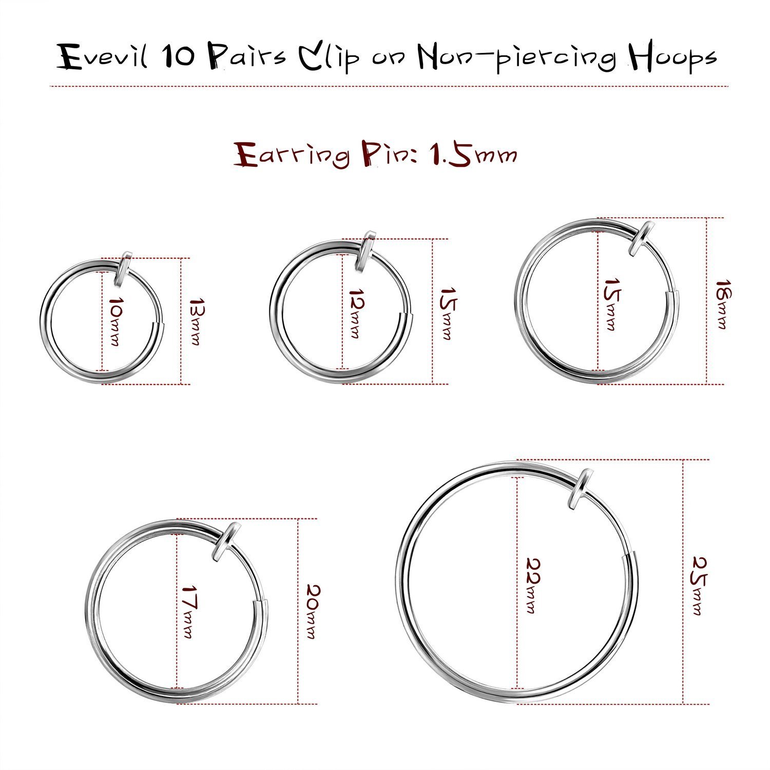 Non-Piercing Fake Nose Ring & Clip-On Hoop Earrings for Women & Men - 10 Pairs (13mm-25mm) in Black, Silver, Gold & Rose Gold - Faux Lip & Septum Rings, Spring Endless Hoops - Perfect for Costume Parties, Halloween, Cosplay & Everyday Fashion Accessories