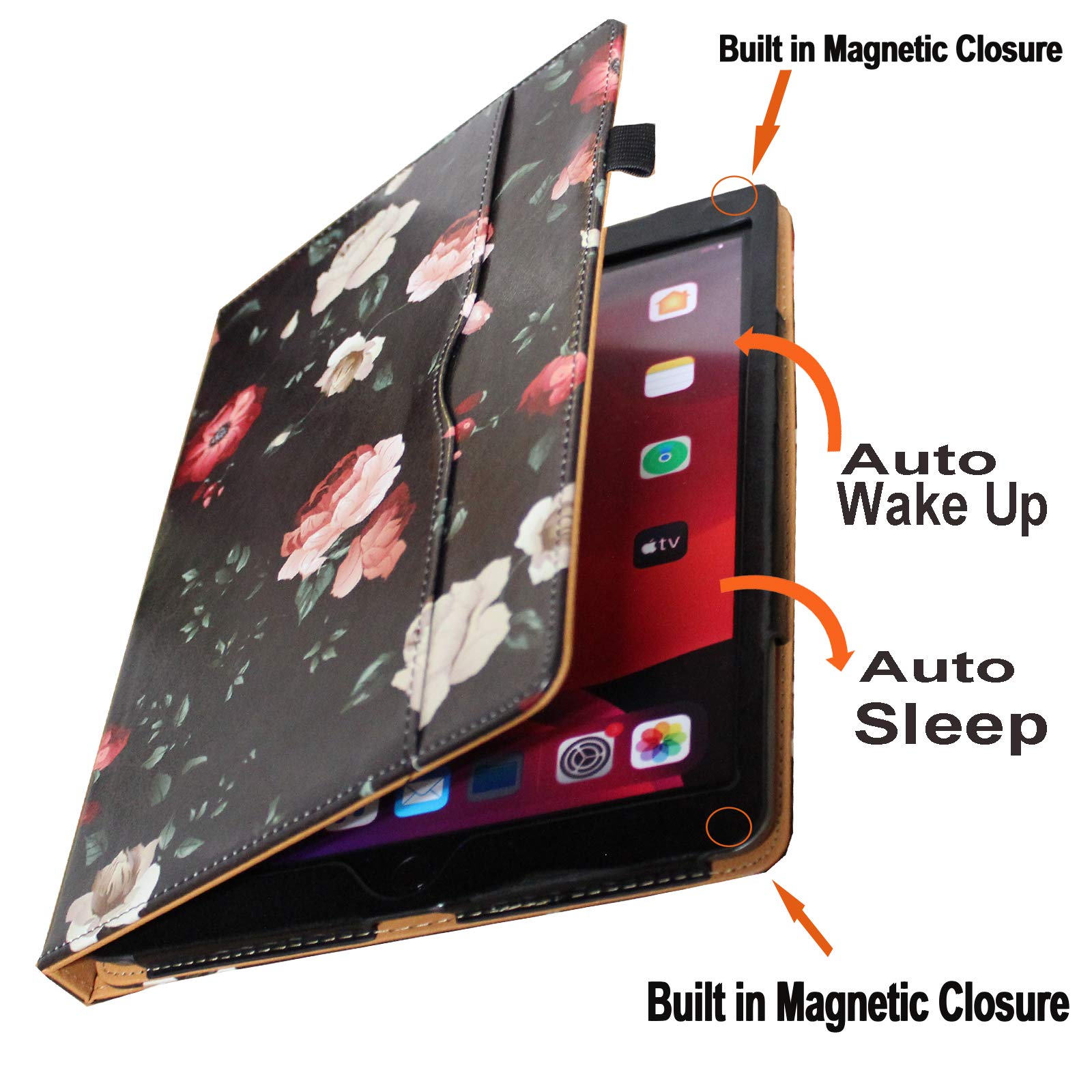 Premium 360° Rotating Case for iPad 9.7 (2018/2017) & iPad Air 1/2 - Multi-Angle Stand with Auto Wake/Sleep, Storage Pocket & Pencil Holder (Black Floral) - Perfect for Work, Study & Entertainment