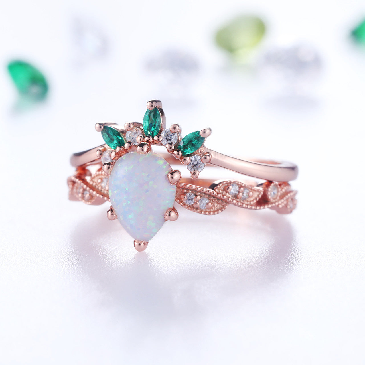 Opal Ring Set for Women - Pear Cut Opal Engagement Ring with Emerald Diamond Matching Band in Rose Gold | Wedding, Anniversary & Special Occasion Jewelry Gift