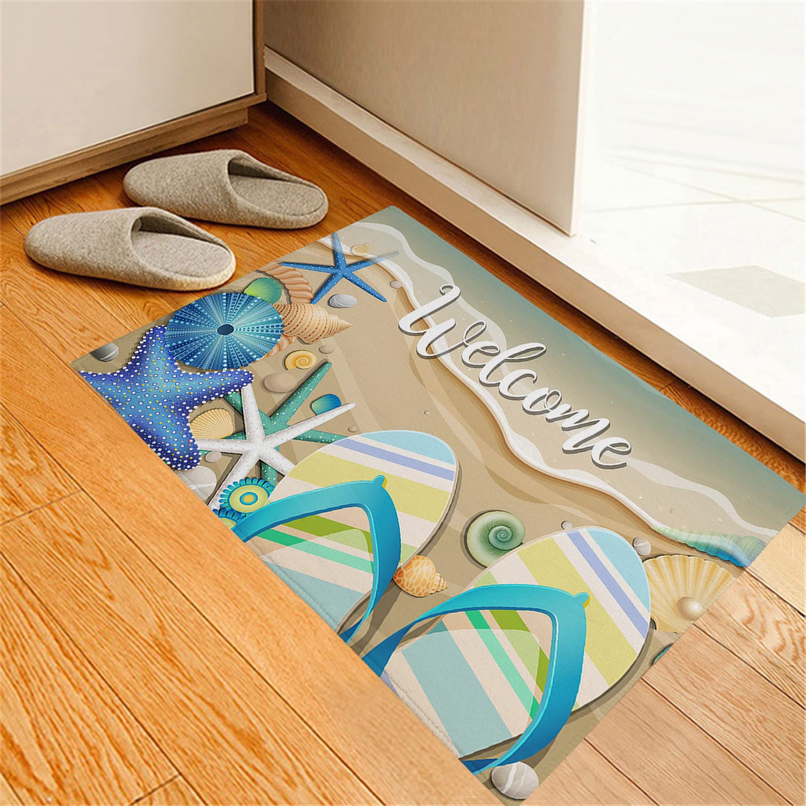 Non-Slip Absorbent Indoor Doormat - Soft TPR Backing Entrance Rug with Summer Beach Design (Starfish, Shell, Conch & Slippers) - 24x36 Inch for Front/Back Door - Perfect for Home, Apartment, Office & Vacation Rental Entryways