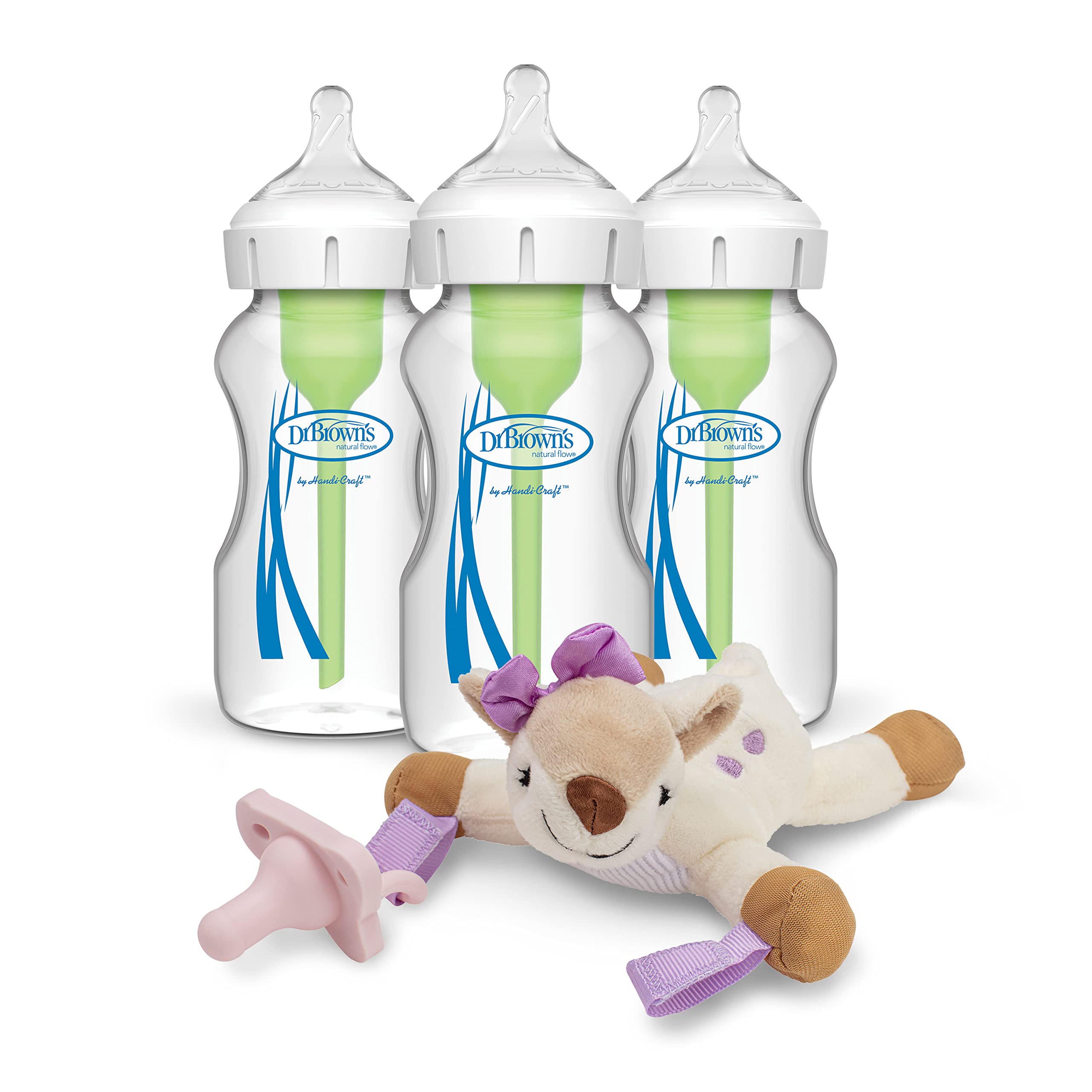 Dr. Brown's Options+ Wide-Neck Glass Anti-Colic Baby Bottles 9oz (3-Pack) & Lovey Pink Pacifier with Teether Holder - Soft Stuffed Animal Deer & 100% Silicone HappiPaci for Newborns 0+ Months - Perfect Baby Shower Gift & Essential Feeding Set for Breastfed Infants