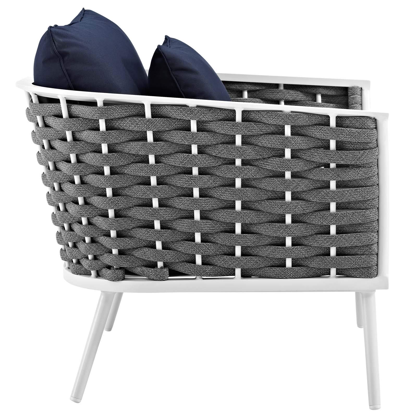 Modern Outdoor Patio Furniture Set - Aluminum Lounge Chair & Sofa with Navy Fabric Cushions - Perfect for Balcony, Garden, or Poolside Relaxation