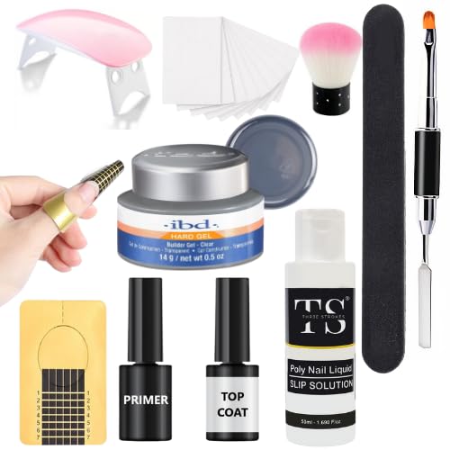 IBD Builder Gel Kit For Nails - 2oz Clear Hard Gel with UV Lamp, Cotton Swabs, Dusting Brush, Nail File, Dual-End Spatula & Brush, Nail Forms, Top Coat, Primer & 55ml Slip Solution | Professional DIY Manicure & Nail Extension Kit for Salon-Quality Results at Home