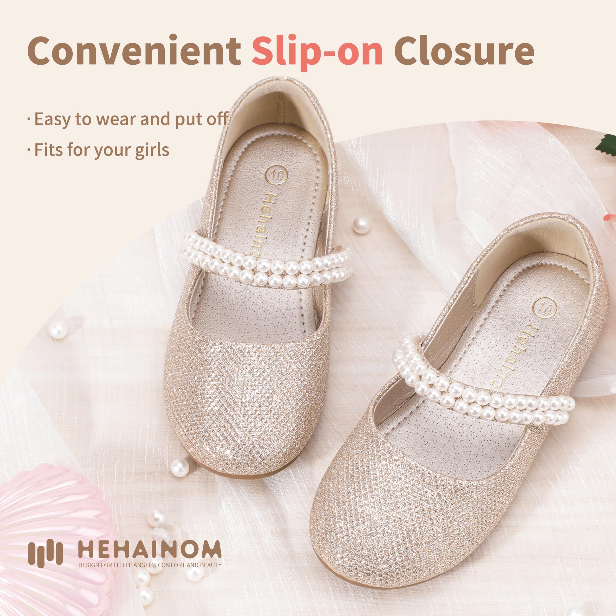 Hehainom Toddler Flower Girls Dress Shoes - Mary Jane Princess Ballet Flats with Bow & Pearls for Party, School, Wedding, Pageant | Comfortable & Stylish Toddler Shoes for Special Occasions