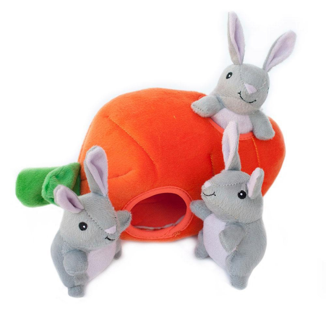 Interactive Bunny & Carrot Burrow Dog Toy - Fun Hide & Seek Plush Puzzle Game for Small Medium Dogs - Perfect for Indoor Play, Training & Mental Stimulation