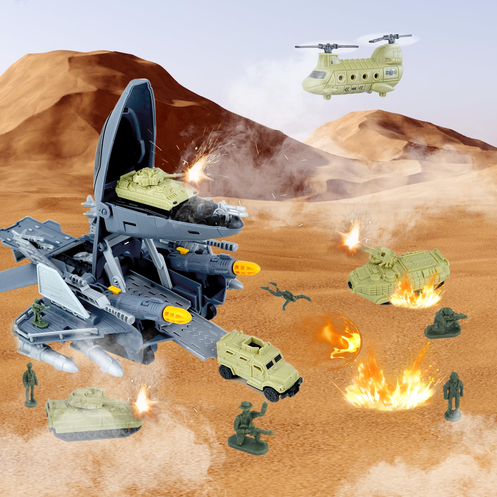 CORPER TOYS Military Airplane Playset with Army Tank, Helicopter & Soldiers - 12-Piece Army Toy Vehicle Set for Kids Boys Girls - Perfect Gift for Birthday & Christmas | Combat Role Play, Battle Scenes, Outdoor Adventure Play