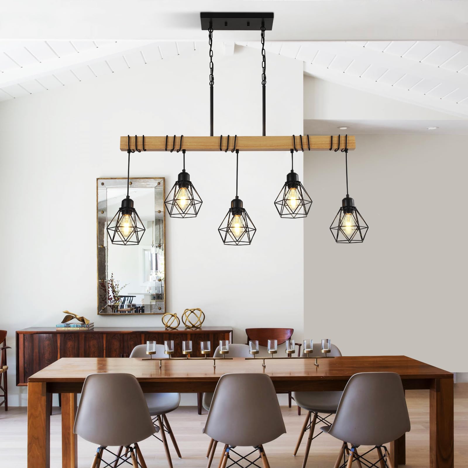 5-Light Modern Farmhouse Kitchen Island Chandelier - Black Rustic Wood Linear Pendant Light for Dining Room & Table - Perfect for Farmhouse, Rustic, and Modern Home Decor