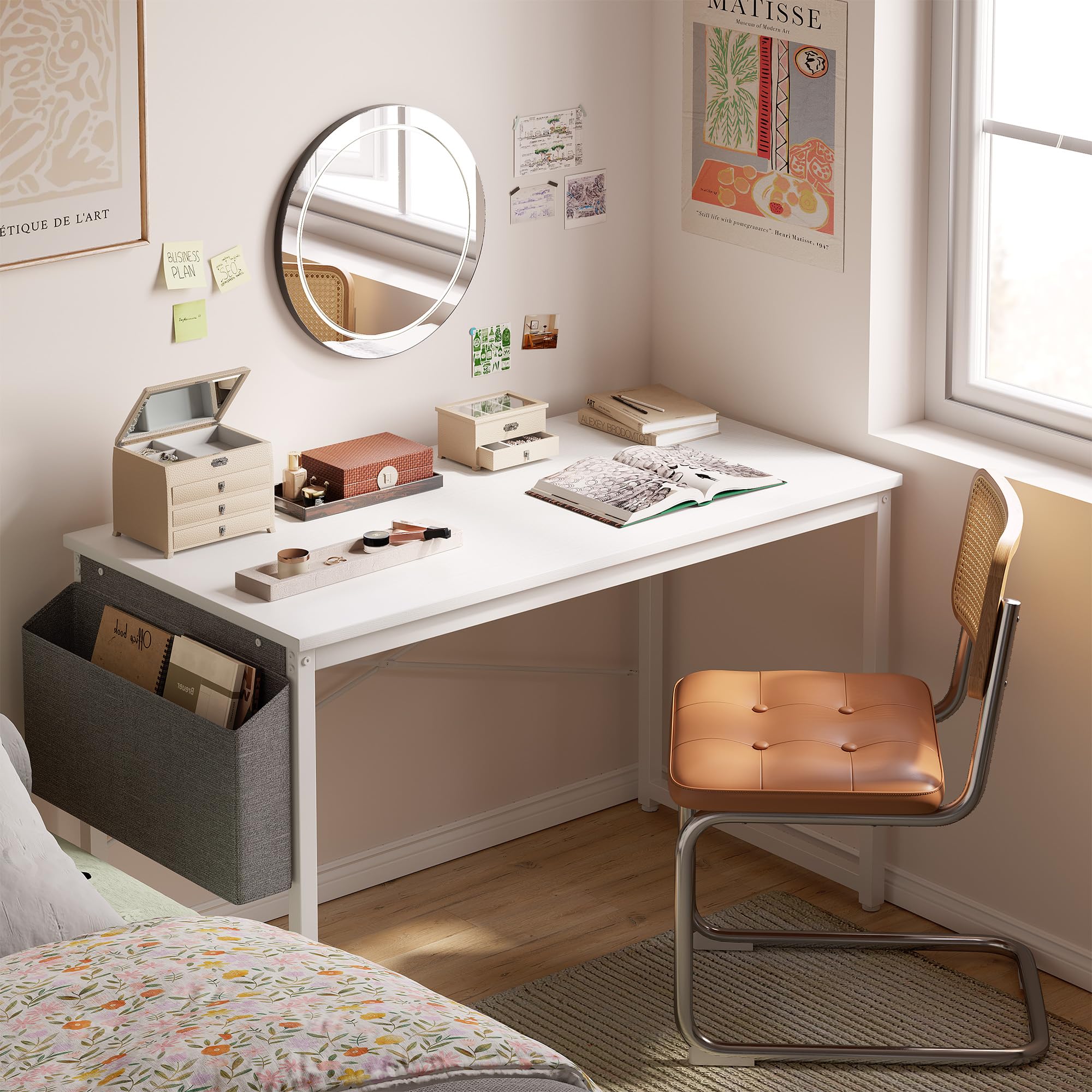Cubiker 63 Inch Modern Simple Style Computer Desk - Sturdy Home Office Writing Desk with Storage Bag, White - Perfect for Small Spaces & Remote Work