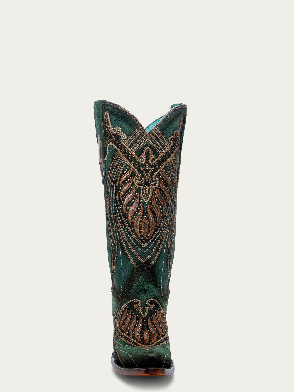 Women's Green Snip Toe Cowboy Boots with Overlay Embroidery and Studs - Western Fashion, Country Style, Rodeo & Outdoor Wear