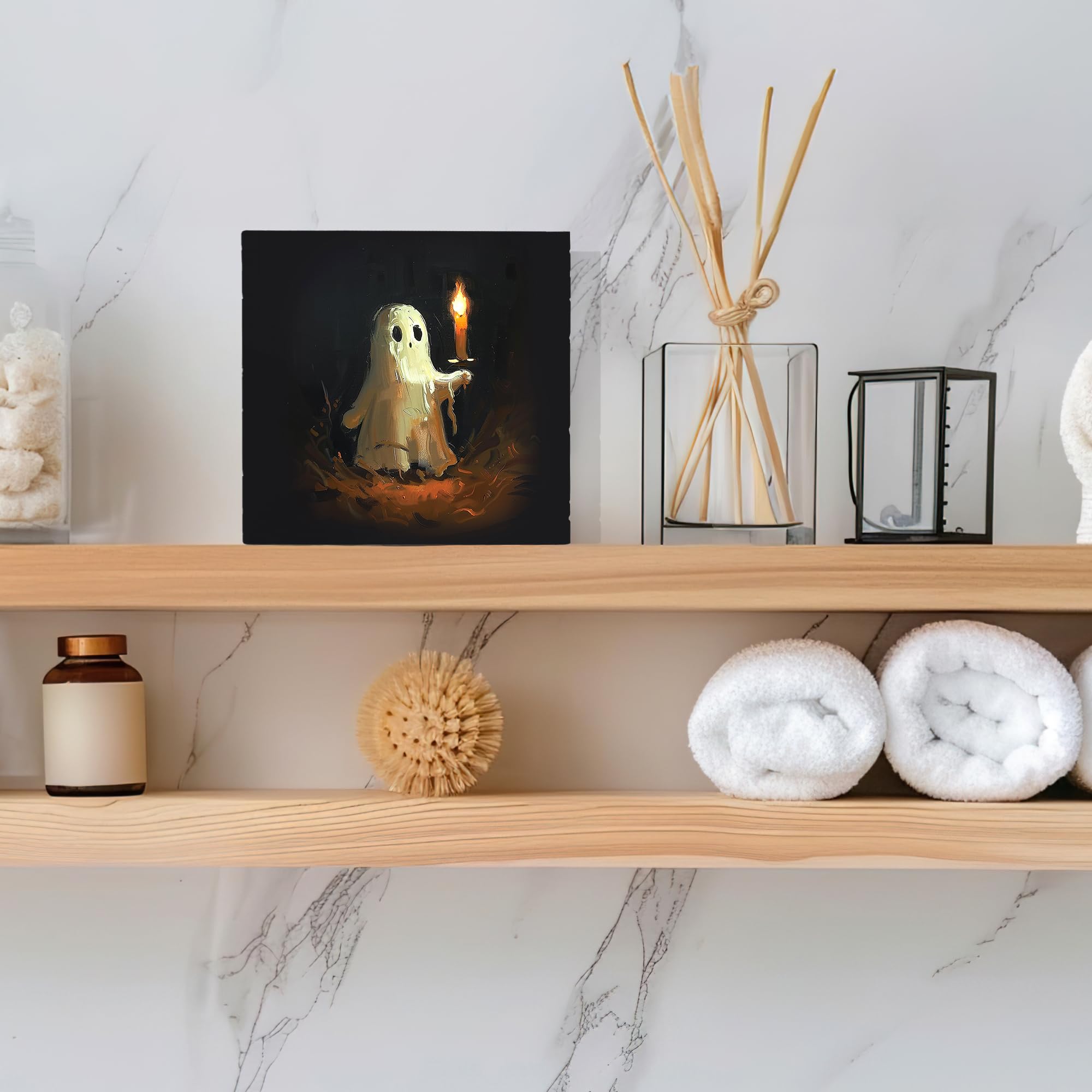 Spooky Ghost Holding Candle Wooden Box Sign - 5x5 Inch Halloween Decor for Table, Desk & Shelf - Gothic Home Decor for Halloween Party & Haunted House Theme