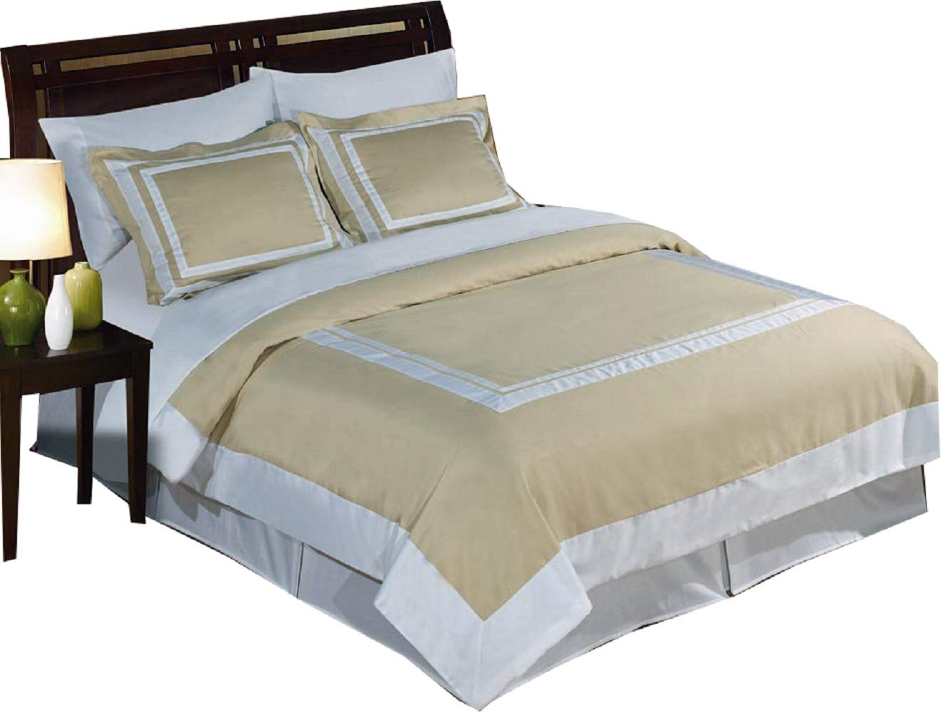 6-Piece Hotel Luxury Bed-in-A-Bag Twin Size Set - 100% Cotton 300TC Beige & White Duvet Cover with Matching Sheets + Down Alternative Comforter | Soft & Breathable Bedding for Guest Rooms, Dorms & Cozy Home Decor