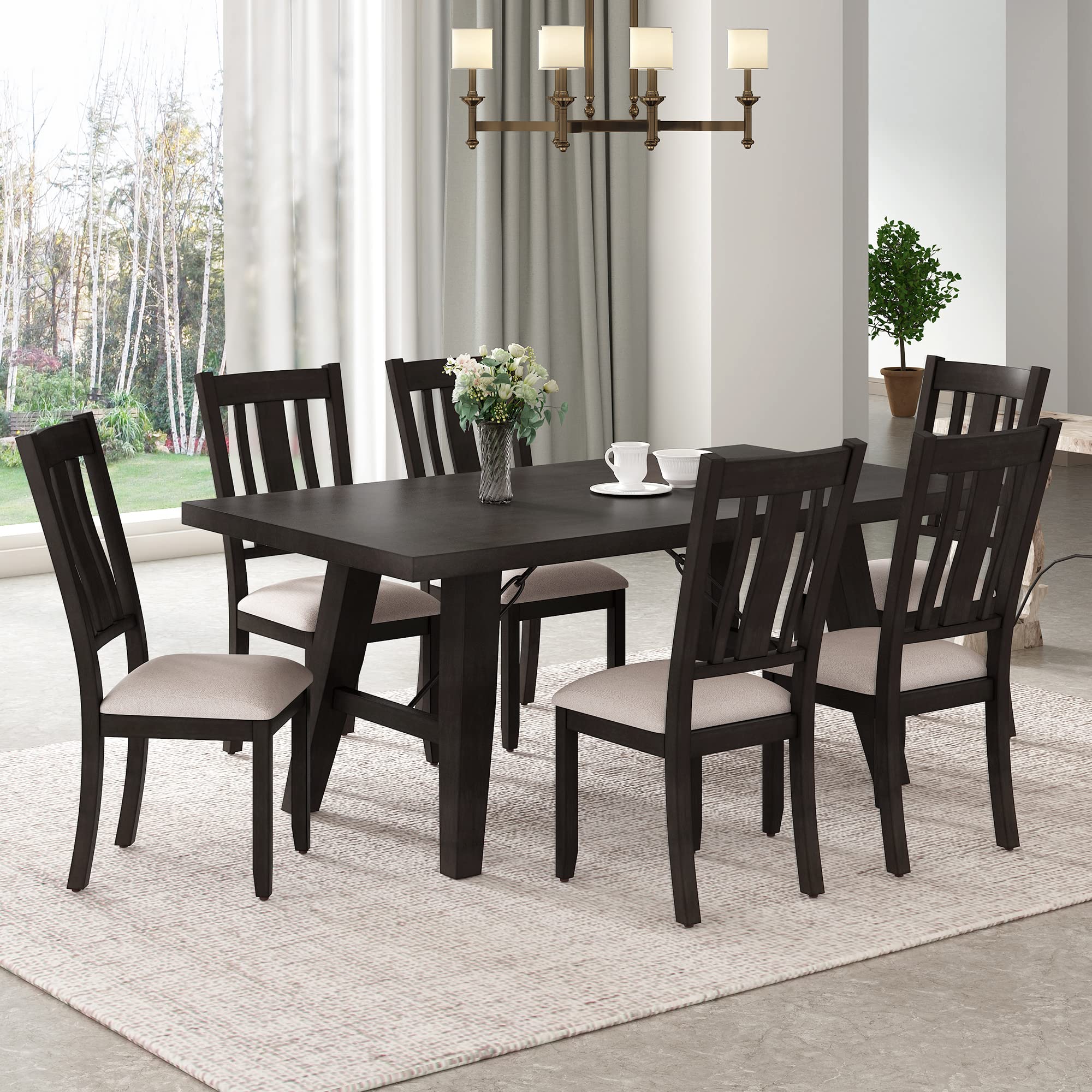 7-Piece Espresso Wood Dining Table Set for 6 - 72