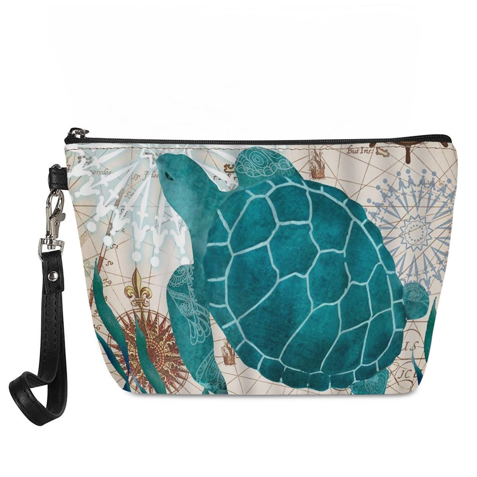 Howilath Sea Turtle Print Makeup Pouch - Waterproof Travel Toiletry Bag with Handle, Mediterranean Style Compass Map Design for Women | Perfect for Beach Vacation, Cruise Trips & Cosmetic Storage