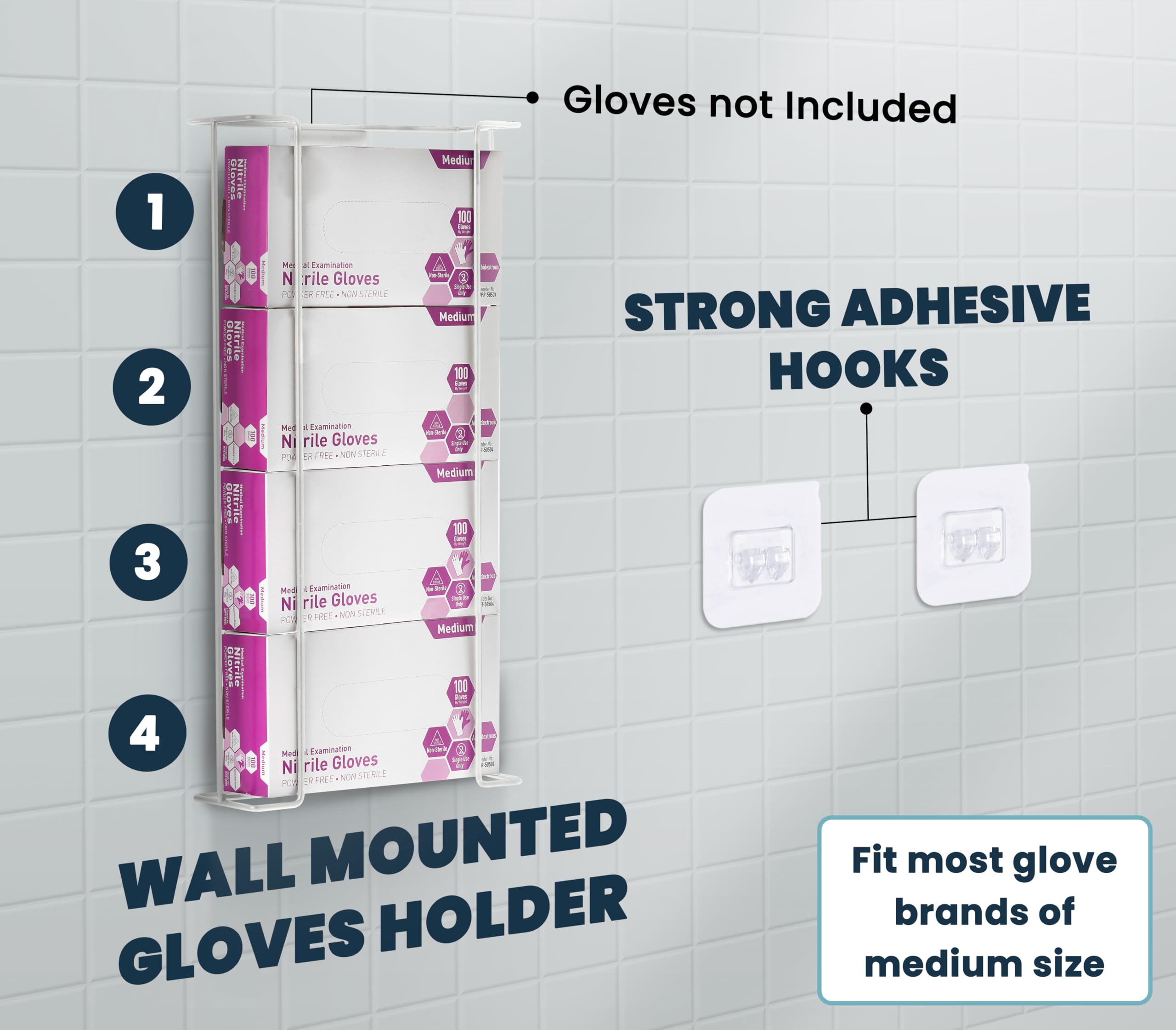 Alpine Wall Mount Glove Holder - Wire Dispenser for Latex & Disposable Gloves, Fits 4 Boxes (White) - Perfect for Kitchen, Garage, Medical Office & Workshop Organization
