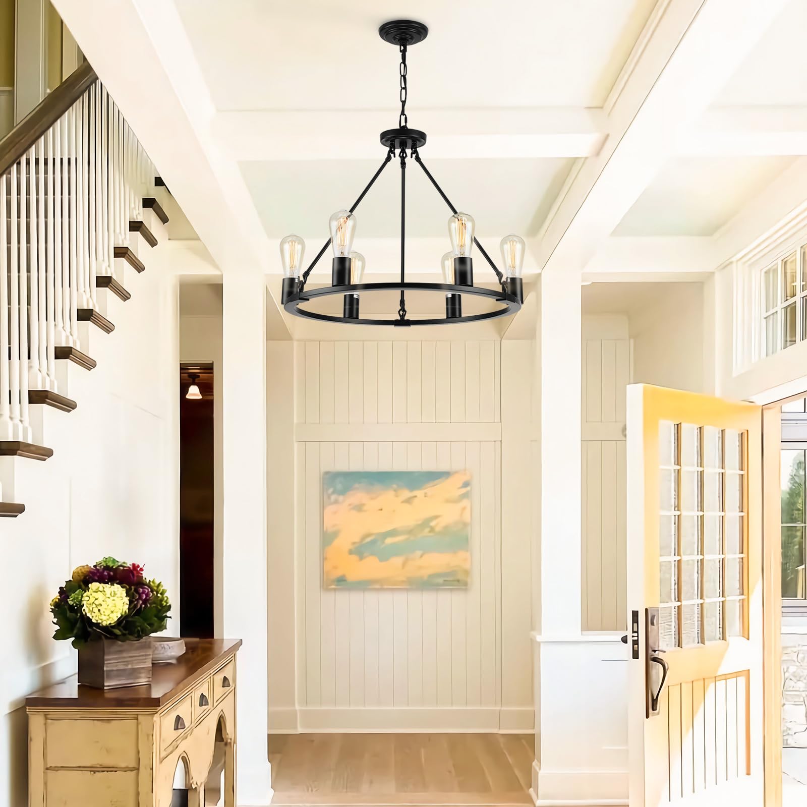 Black Farmhouse Wagon Wheel Chandelier - 6-Light 24